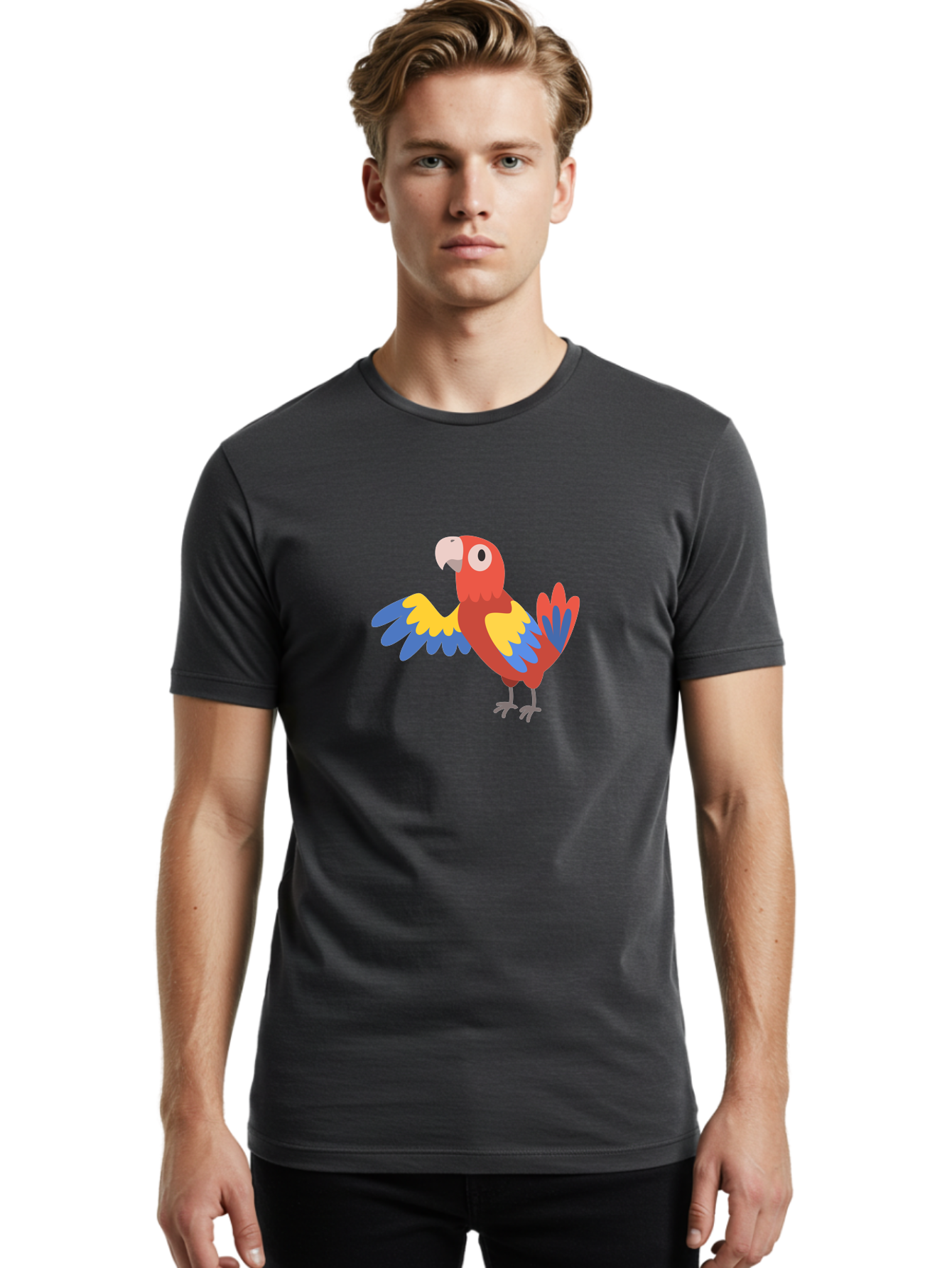 Parrot Men'S Graphic Tee, 100% Cotton, Comfortable Casual Summer Wear, Machine Washable, Vibrant Parrot, Colorful Bird, Tropical Parrot, Cartoon Parrot, Parrot Illustration, Red Parrot, Blue And Yellow Wings, White Beak, Simple Art, Aab872