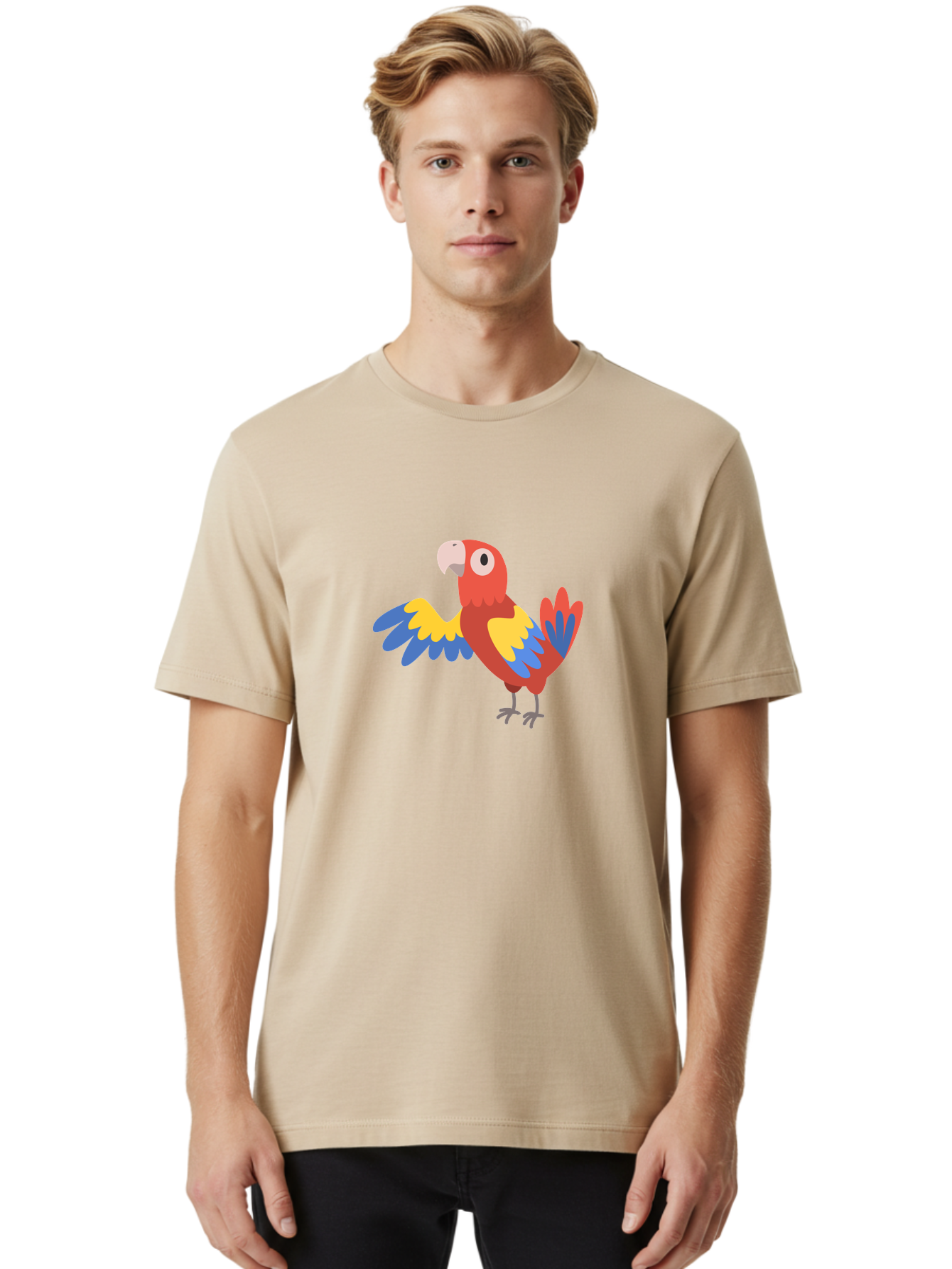 Parrot Men'S Graphic Tee, 100% Cotton, Comfortable Casual Summer Wear, Machine Washable, Vibrant Parrot, Colorful Bird, Tropical Parrot, Cartoon Parrot, Parrot Illustration, Red Parrot, Blue And Yellow Wings, White Beak, Simple Art, Aab872