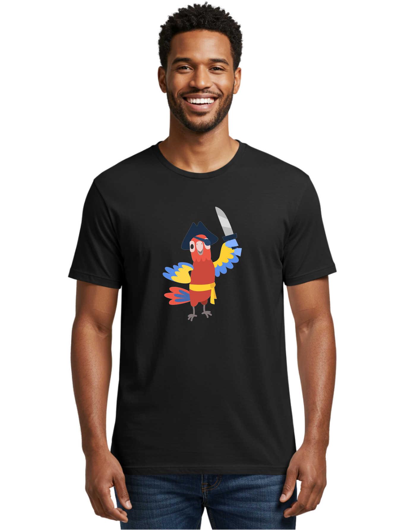 Pirate-Parrot Men'S Graphic Tee, 100% Cotton, Comfortable Casual Summer Wear, Machine Washable, Colorful Parrot Pirate, Pirate Bird Character, Swashbuckling Parrot, Pirate Hat, Pirate Sword, Cartoon Parrot, Pirate Costume, Red Parrot, Aab876