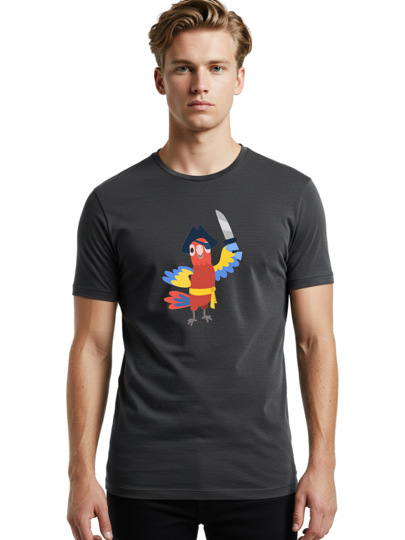 Pirate-Parrot Men'S Graphic Tee, 100% Cotton, Comfortable Casual Summer Wear, Machine Washable, Colorful Parrot Pirate, Pirate Bird Character, Swashbuckling Parrot, Pirate Hat, Pirate Sword, Cartoon Parrot, Pirate Costume, Red Parrot, Aab876