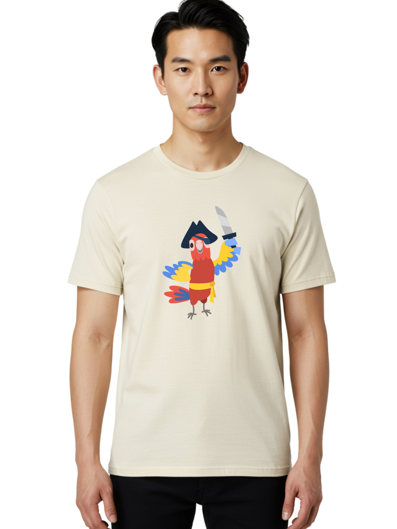 Pirate-Parrot Men'S Graphic Tee, 100% Cotton, Comfortable Casual Summer Wear, Machine Washable, Colorful Parrot Pirate, Pirate Bird Character, Swashbuckling Parrot, Pirate Hat, Pirate Sword, Cartoon Parrot, Pirate Costume, Red Parrot, Aab876