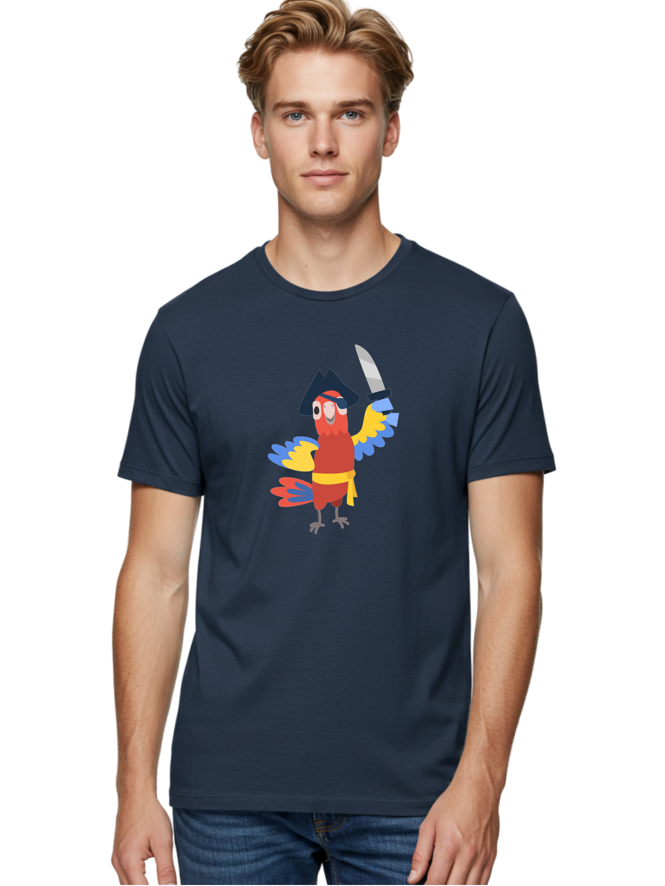 Pirate-Parrot Men'S Graphic Tee, 100% Cotton, Comfortable Casual Summer Wear, Machine Washable, Colorful Parrot Pirate, Pirate Bird Character, Swashbuckling Parrot, Pirate Hat, Pirate Sword, Cartoon Parrot, Pirate Costume, Red Parrot, Aab876
