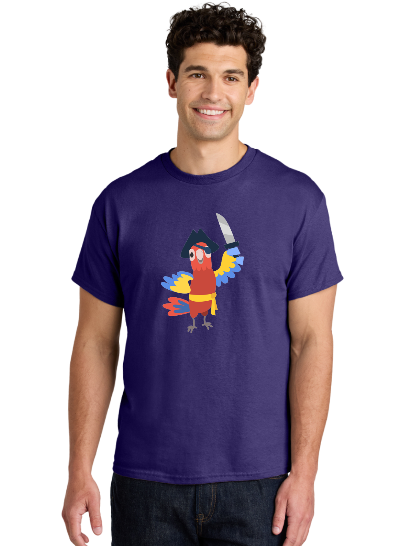 Pirate-Parrot Men'S Graphic Tee, 100% Cotton, Comfortable Casual Summer Wear, Machine Washable, Colorful Parrot Pirate, Pirate Bird Character, Swashbuckling Parrot, Pirate Hat, Pirate Sword, Cartoon Parrot, Pirate Costume, Red Parrot, Aab876