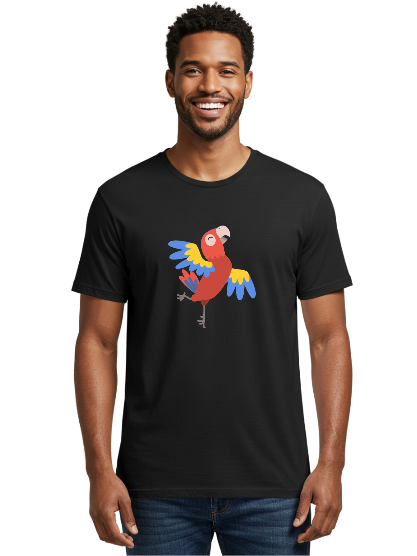 Red-Parrot-1 Men'S Graphic Tee, 100% Cotton, Comfortable Casual Summer Wear, Machine Washable, Vibrant Parrot, Colorful Bird, Tropical Animal, Red Plumage, Blue And Yellow Wings, Cartoon Character, Exotic Bird, Playful Stance, Aab877
