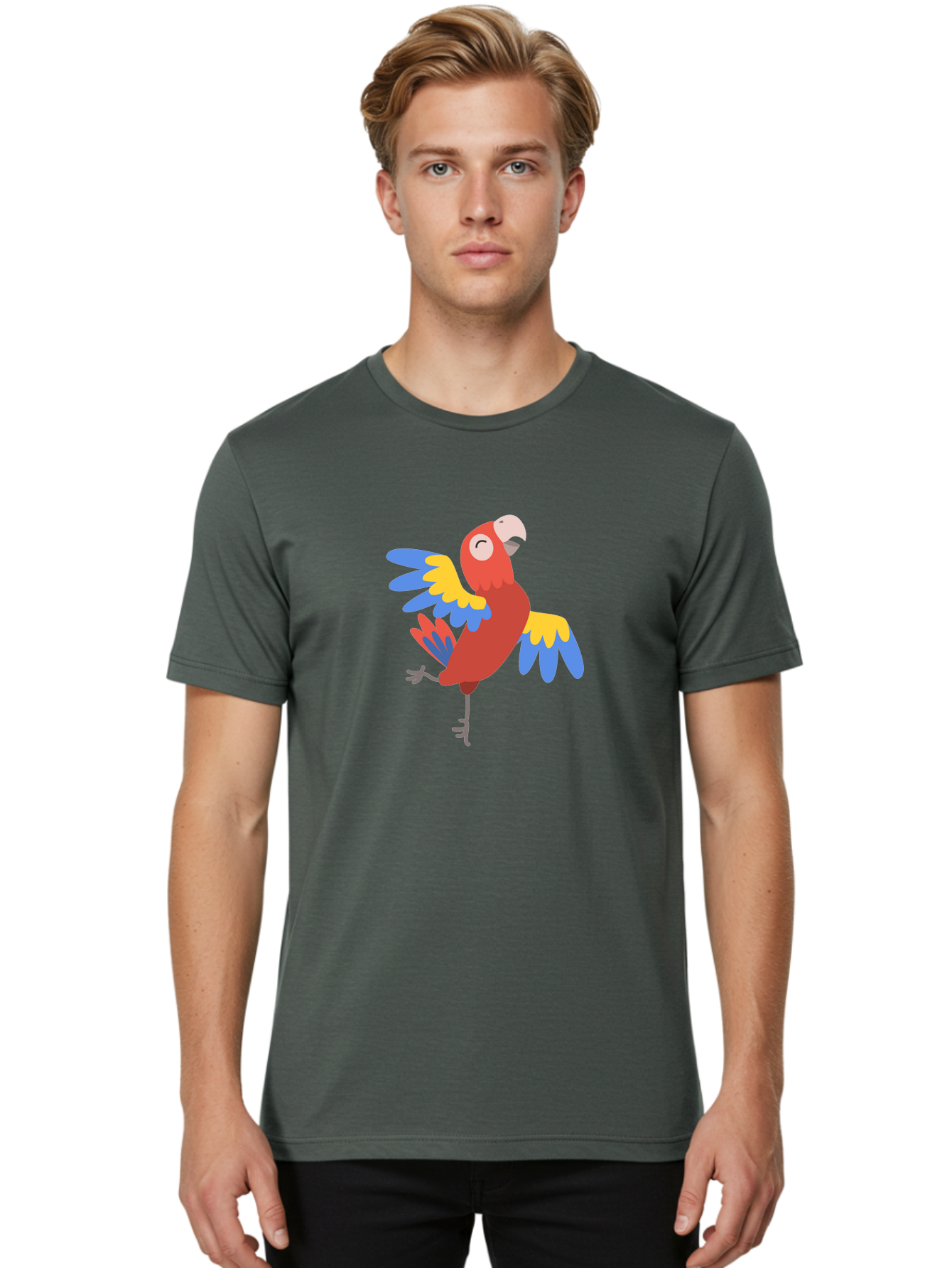 Red-Parrot-1 Men'S Graphic Tee, 100% Cotton, Comfortable Casual Summer Wear, Machine Washable, Vibrant Parrot, Colorful Bird, Tropical Animal, Red Plumage, Blue And Yellow Wings, Cartoon Character, Exotic Bird, Playful Stance, Aab877