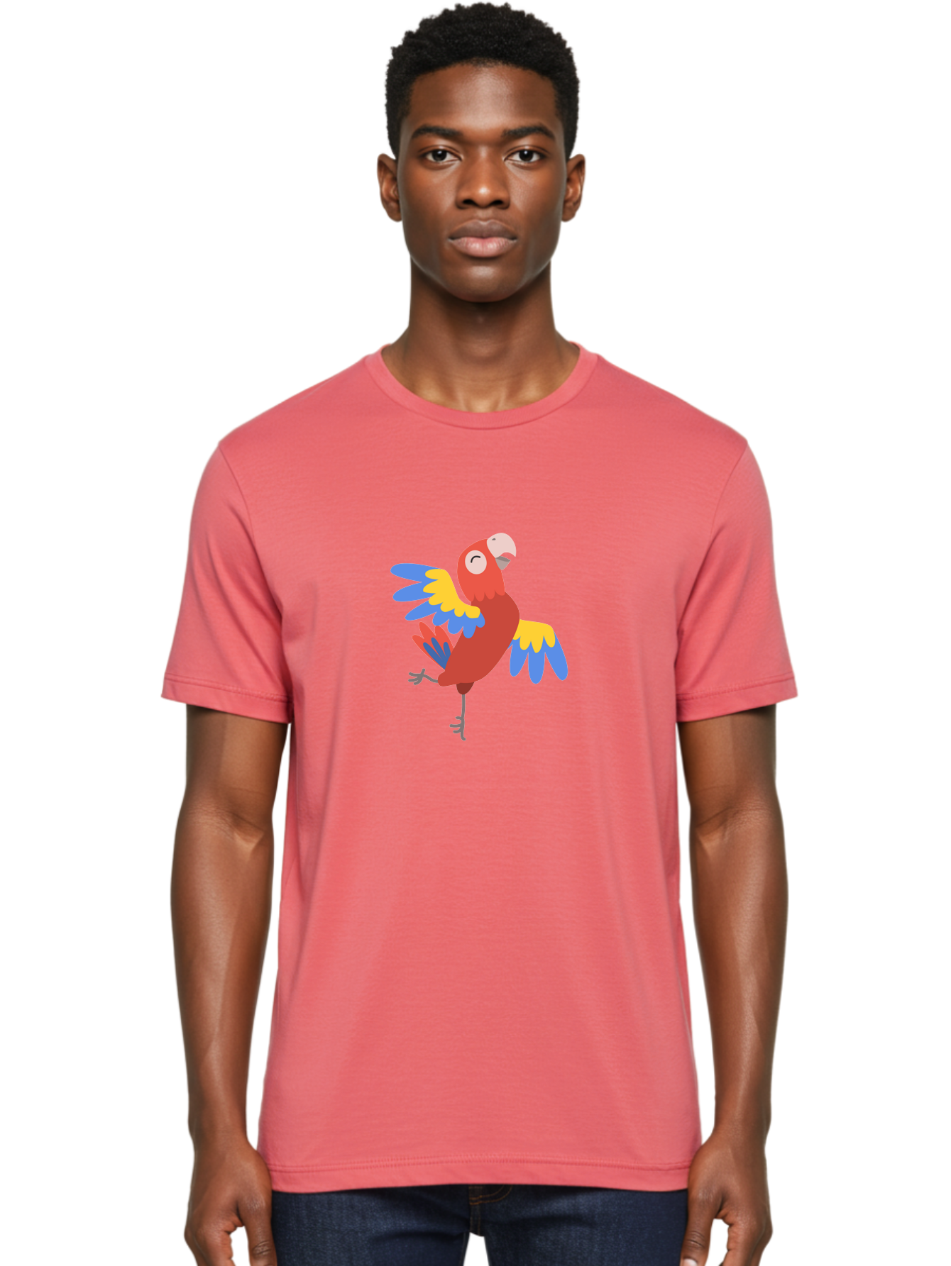 Red-Parrot-1 Men'S Graphic Tee, 100% Cotton, Comfortable Casual Summer Wear, Machine Washable, Vibrant Parrot, Colorful Bird, Tropical Animal, Red Plumage, Blue And Yellow Wings, Cartoon Character, Exotic Bird, Playful Stance, Aab877