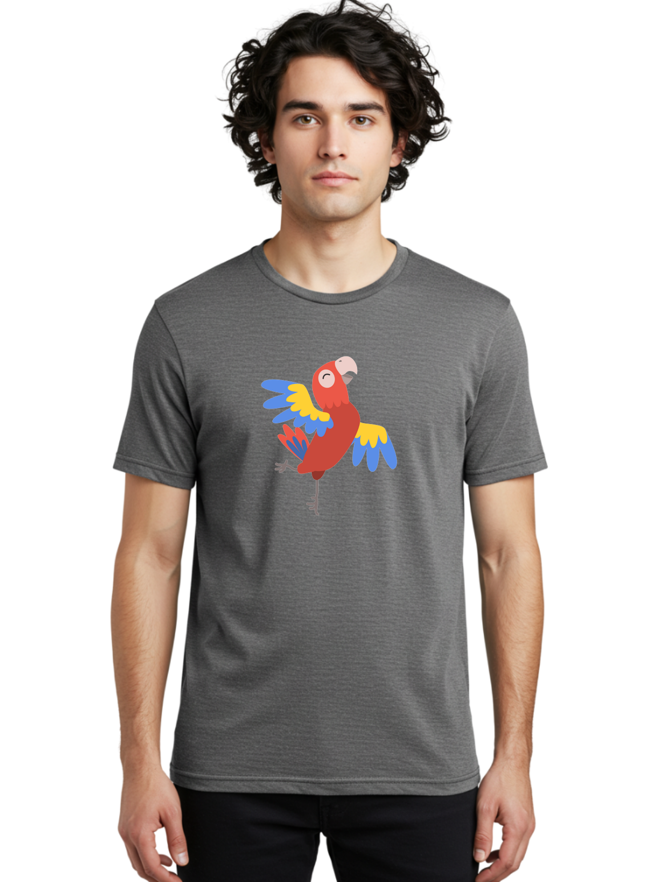 Red-Parrot-1 Men'S Graphic Tee, 100% Cotton, Comfortable Casual Summer Wear, Machine Washable, Vibrant Parrot, Colorful Bird, Tropical Animal, Red Plumage, Blue And Yellow Wings, Cartoon Character, Exotic Bird, Playful Stance, Aab877