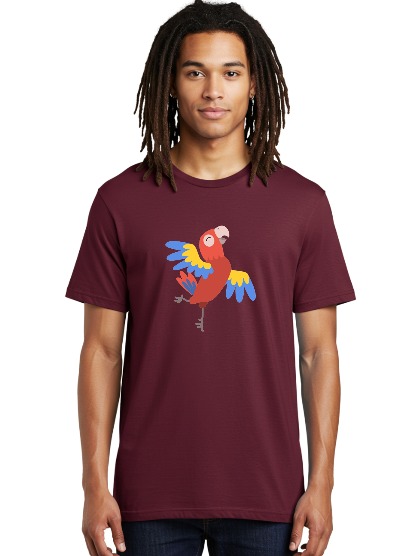 Red-Parrot-1 Men'S Graphic Tee, 100% Cotton, Comfortable Casual Summer Wear, Machine Washable, Vibrant Parrot, Colorful Bird, Tropical Animal, Red Plumage, Blue And Yellow Wings, Cartoon Character, Exotic Bird, Playful Stance, Aab877