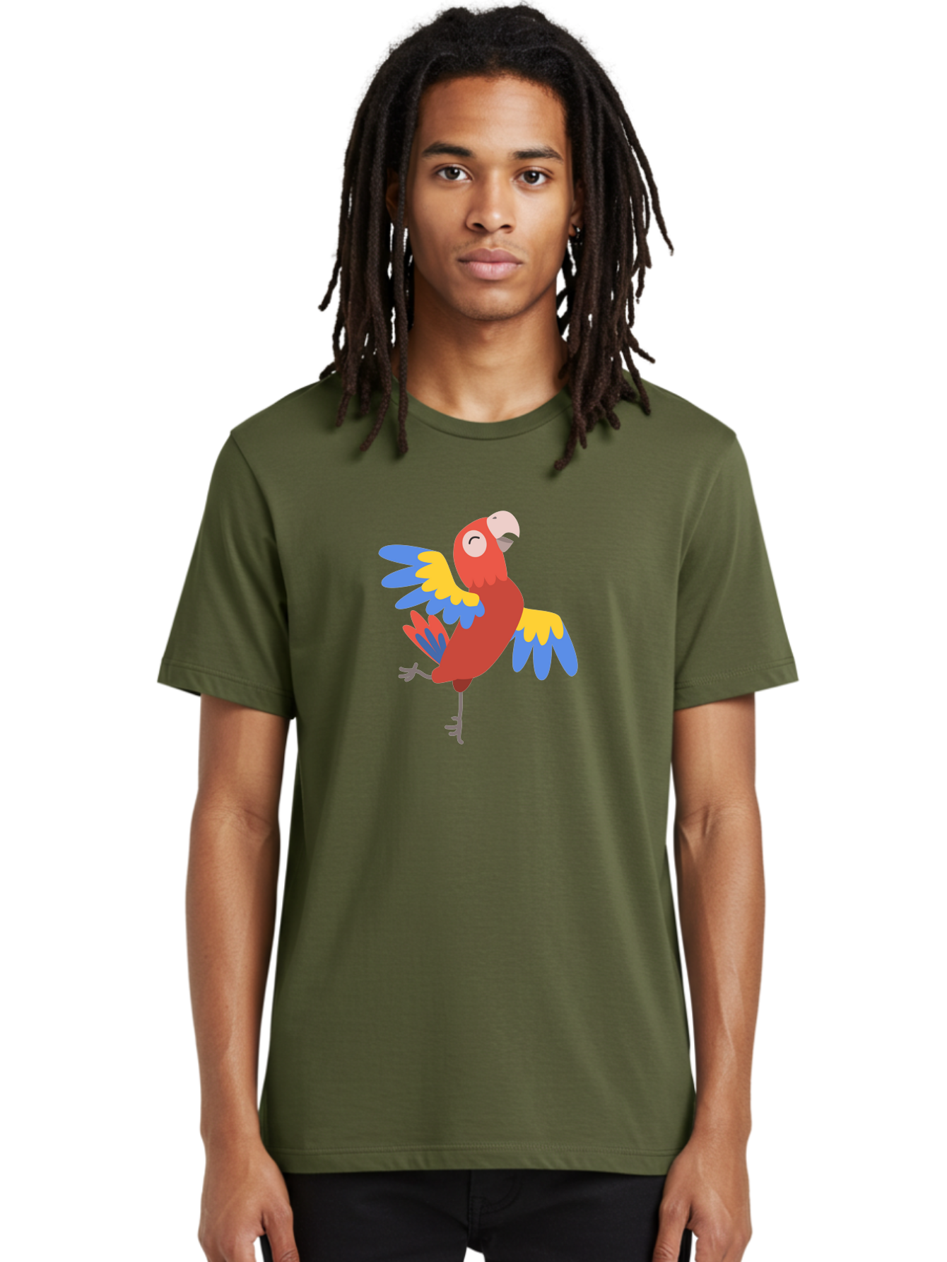 Red-Parrot-1 Men'S Graphic Tee, 100% Cotton, Comfortable Casual Summer Wear, Machine Washable, Vibrant Parrot, Colorful Bird, Tropical Animal, Red Plumage, Blue And Yellow Wings, Cartoon Character, Exotic Bird, Playful Stance, Aab877