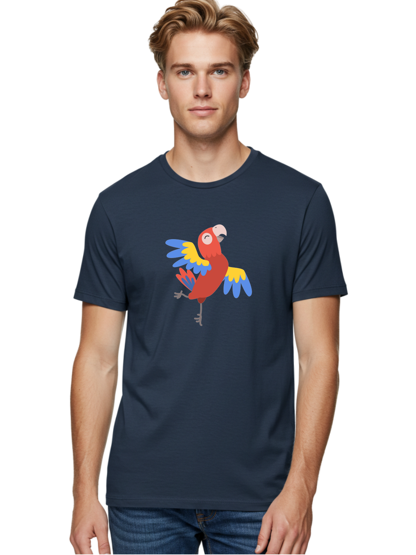 Red-Parrot-1 Men'S Graphic Tee, 100% Cotton, Comfortable Casual Summer Wear, Machine Washable, Vibrant Parrot, Colorful Bird, Tropical Animal, Red Plumage, Blue And Yellow Wings, Cartoon Character, Exotic Bird, Playful Stance, Aab877