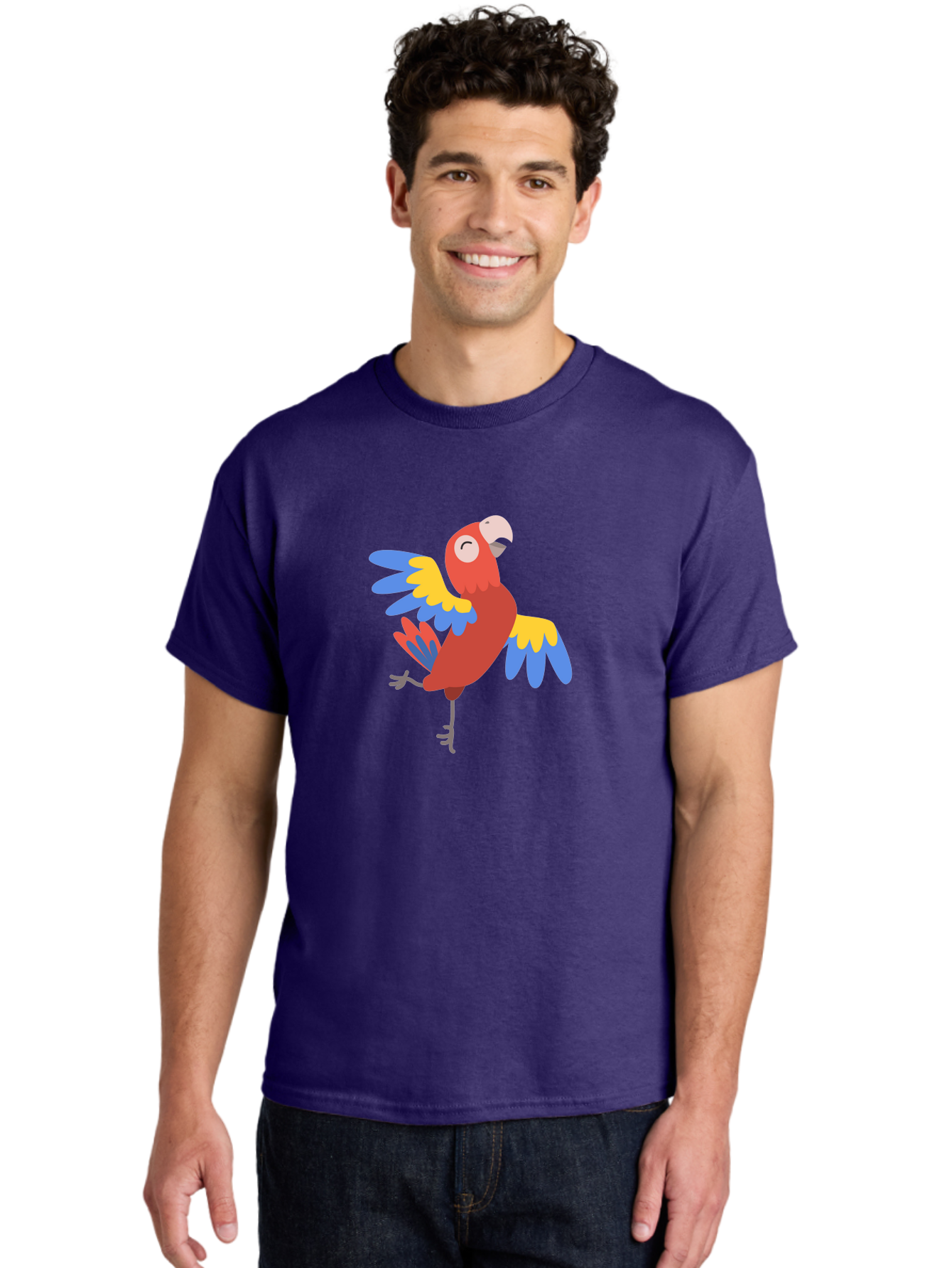 Red-Parrot-1 Men'S Graphic Tee, 100% Cotton, Comfortable Casual Summer Wear, Machine Washable, Vibrant Parrot, Colorful Bird, Tropical Animal, Red Plumage, Blue And Yellow Wings, Cartoon Character, Exotic Bird, Playful Stance, Aab877