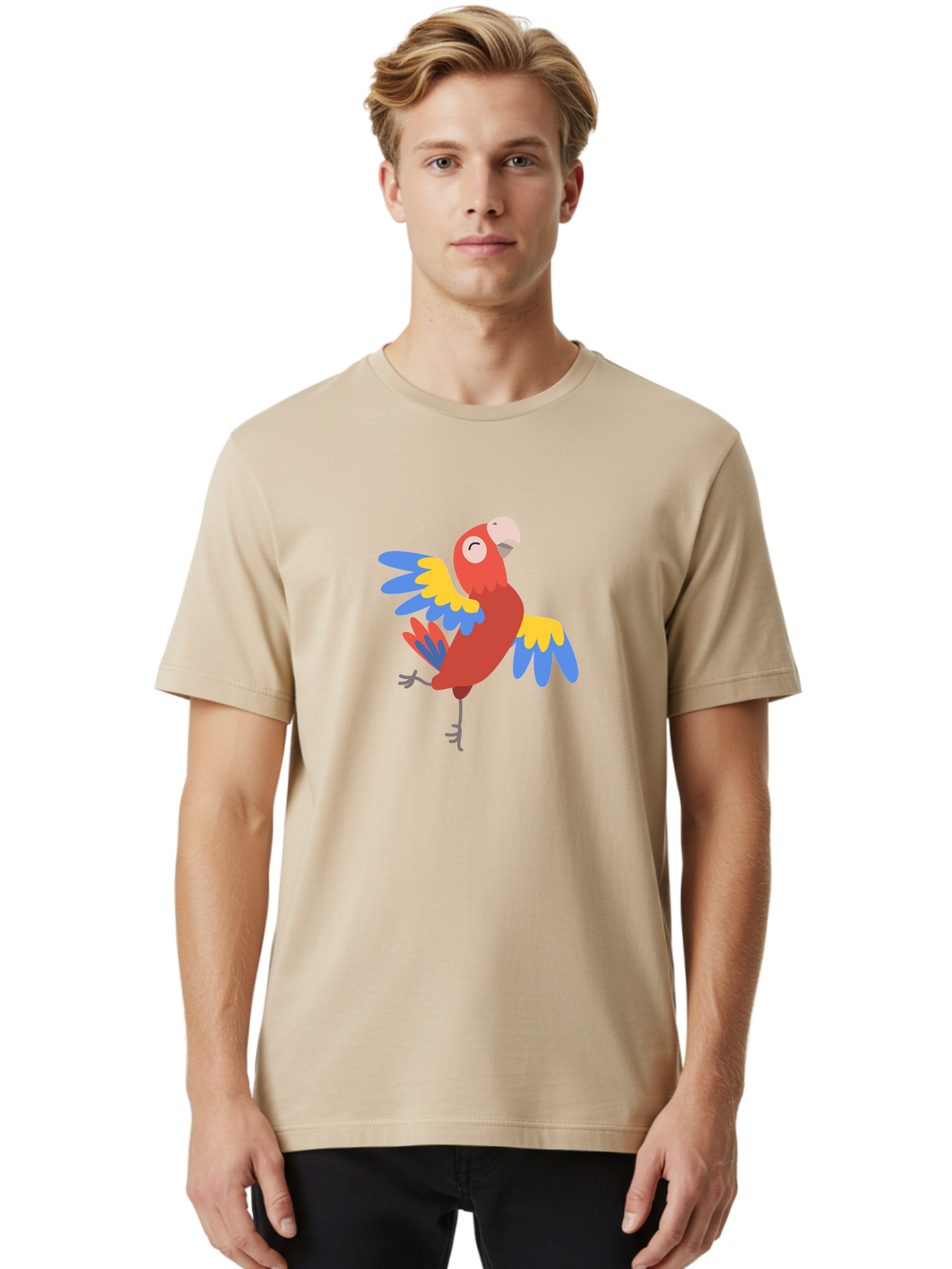 Red-Parrot-1 Men'S Graphic Tee, 100% Cotton, Comfortable Casual Summer Wear, Machine Washable, Vibrant Parrot, Colorful Bird, Tropical Animal, Red Plumage, Blue And Yellow Wings, Cartoon Character, Exotic Bird, Playful Stance, Aab877