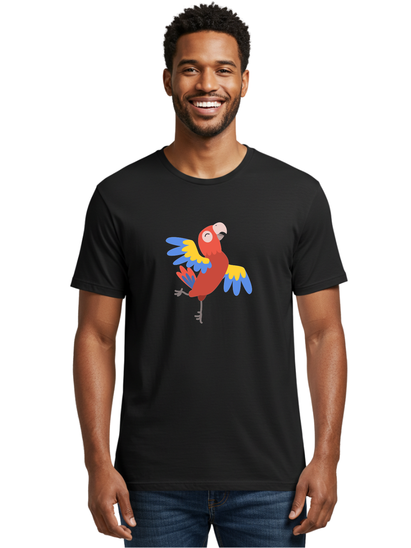 Red-Parrot-2 Men'S Graphic Tee, 100% Cotton, Comfortable Casual Summer Wear, Machine Washable, Colorful Parrot, Vibrant Red, Blue And Yellow Feathers, Tropical Bird, Cartoon Character, Playful Illustration, Exotic Animal, Bird Species Aab878