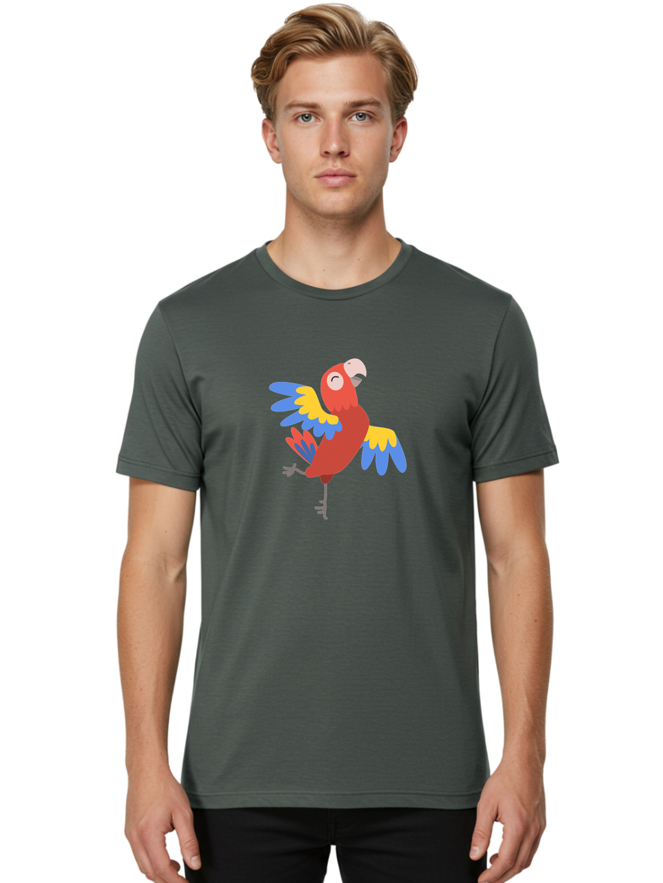 Red-Parrot-2 Men'S Graphic Tee, 100% Cotton, Comfortable Casual Summer Wear, Machine Washable, Colorful Parrot, Vibrant Red, Blue And Yellow Feathers, Tropical Bird, Cartoon Character, Playful Illustration, Exotic Animal, Bird Species Aab878