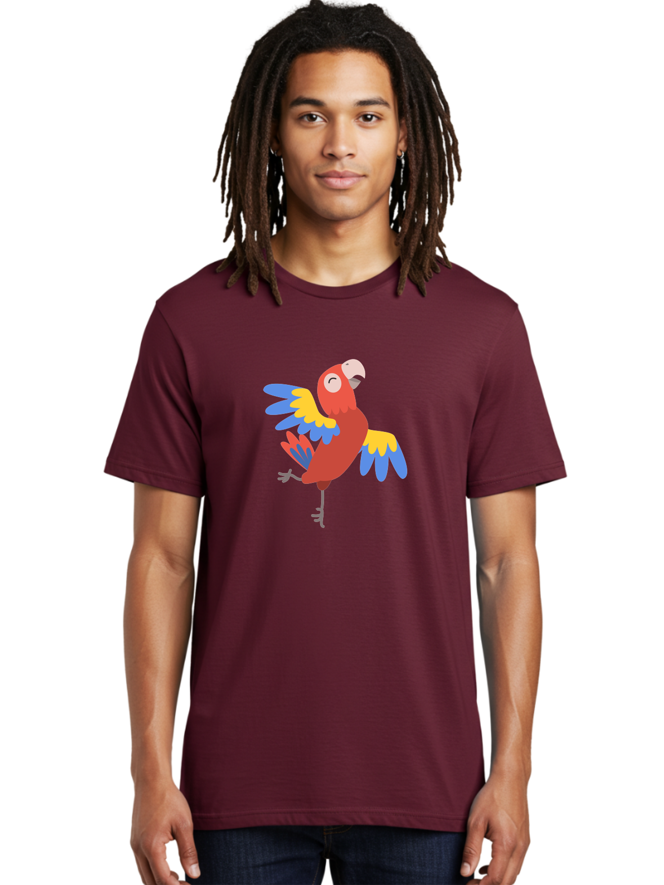 Red-Parrot-2 Men'S Graphic Tee, 100% Cotton, Comfortable Casual Summer Wear, Machine Washable, Colorful Parrot, Vibrant Red, Blue And Yellow Feathers, Tropical Bird, Cartoon Character, Playful Illustration, Exotic Animal, Bird Species Aab878