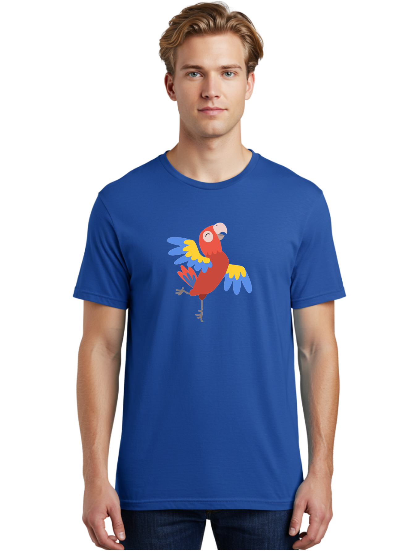 Red-Parrot-2 Men'S Graphic Tee, 100% Cotton, Comfortable Casual Summer Wear, Machine Washable, Colorful Parrot, Vibrant Red, Blue And Yellow Feathers, Tropical Bird, Cartoon Character, Playful Illustration, Exotic Animal, Bird Species Aab878