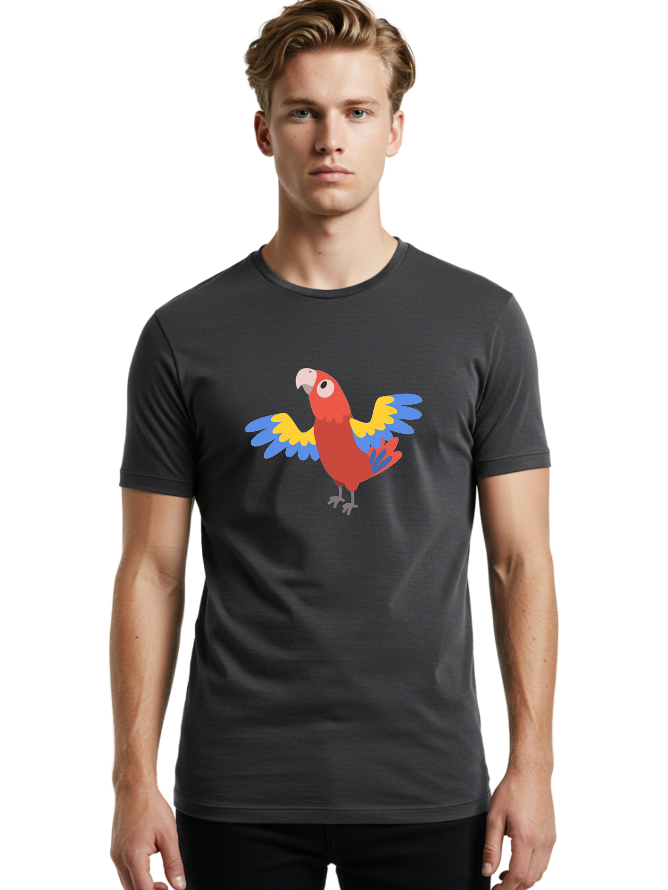 Red-Parrot-3 Men'S Graphic Tee, 100% Cotton, Comfortable Casual Summer Wear, Machine Washable, Vibrant Red Parrot, Colorful Bird, Blue And Yellow Wings, Cartoon Illustration, Playful Parrot, Tropical Bird, Animal Art, Red Feathers, Aab879