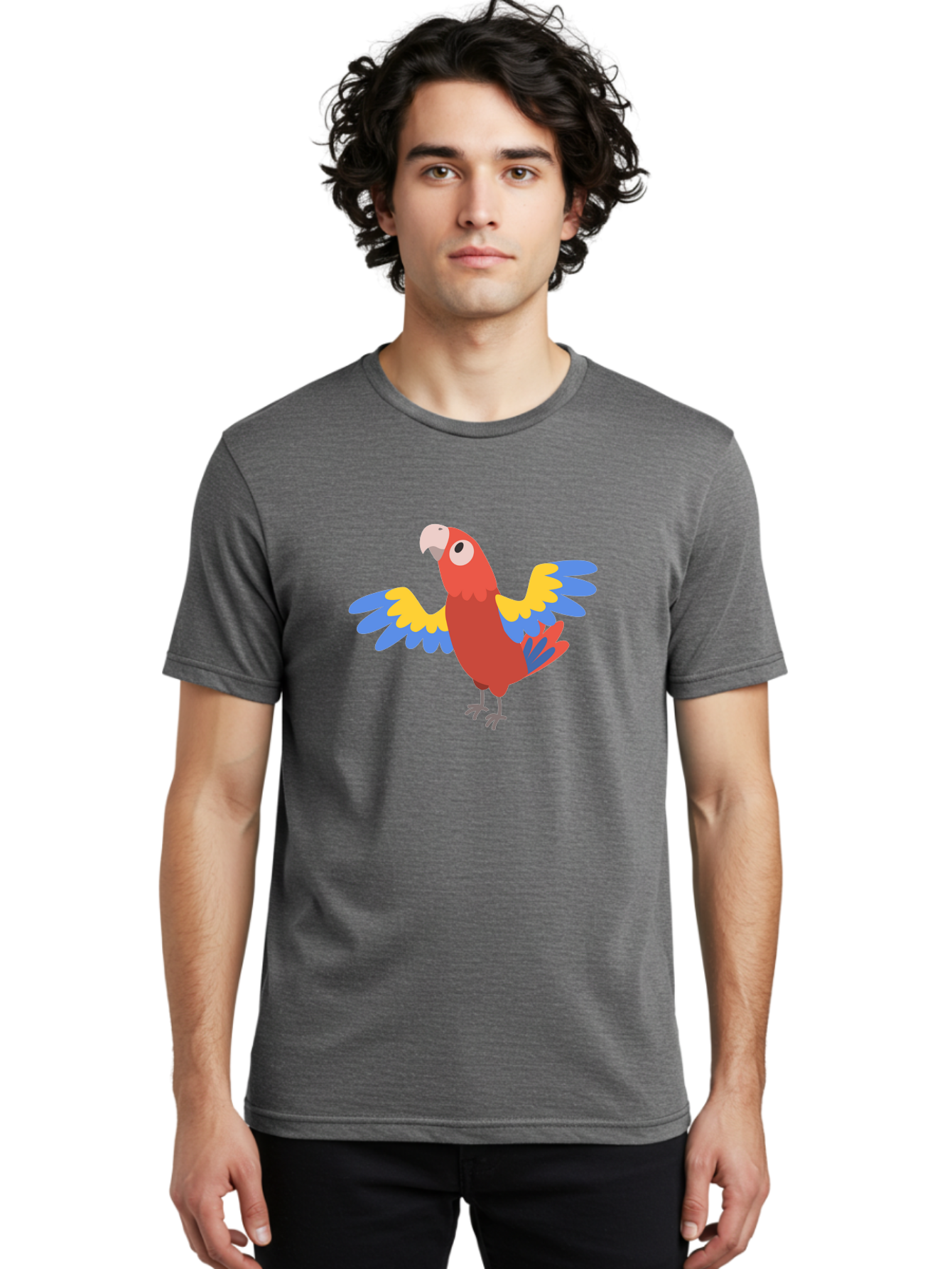 Red-Parrot-3 Men'S Graphic Tee, 100% Cotton, Comfortable Casual Summer Wear, Machine Washable, Vibrant Red Parrot, Colorful Bird, Blue And Yellow Wings, Cartoon Illustration, Playful Parrot, Tropical Bird, Animal Art, Red Feathers, Aab879