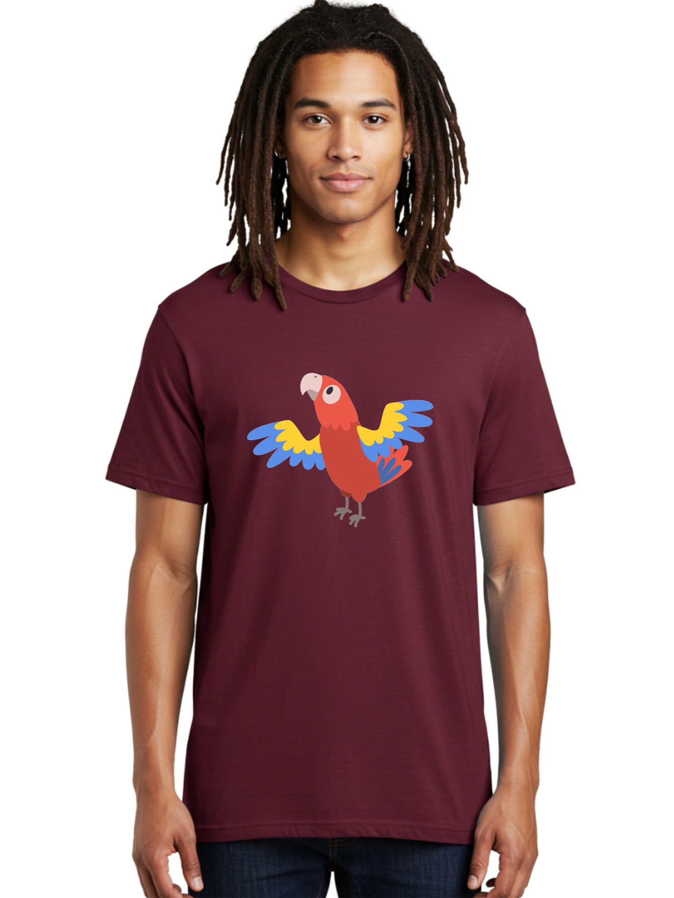 Red-Parrot-3 Men'S Graphic Tee, 100% Cotton, Comfortable Casual Summer Wear, Machine Washable, Vibrant Red Parrot, Colorful Bird, Blue And Yellow Wings, Cartoon Illustration, Playful Parrot, Tropical Bird, Animal Art, Red Feathers, Aab879