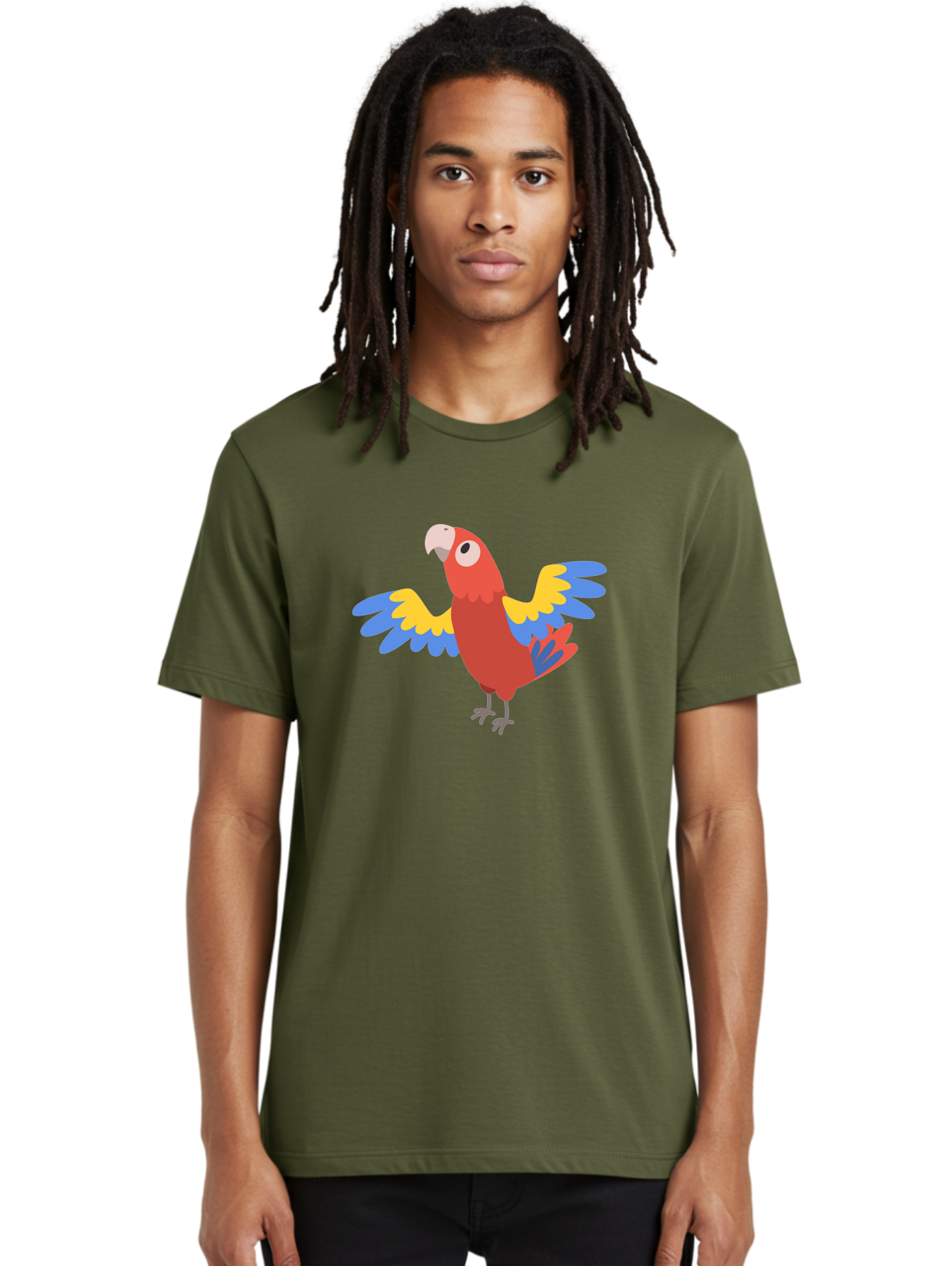 Red-Parrot-3 Men'S Graphic Tee, 100% Cotton, Comfortable Casual Summer Wear, Machine Washable, Vibrant Red Parrot, Colorful Bird, Blue And Yellow Wings, Cartoon Illustration, Playful Parrot, Tropical Bird, Animal Art, Red Feathers, Aab879