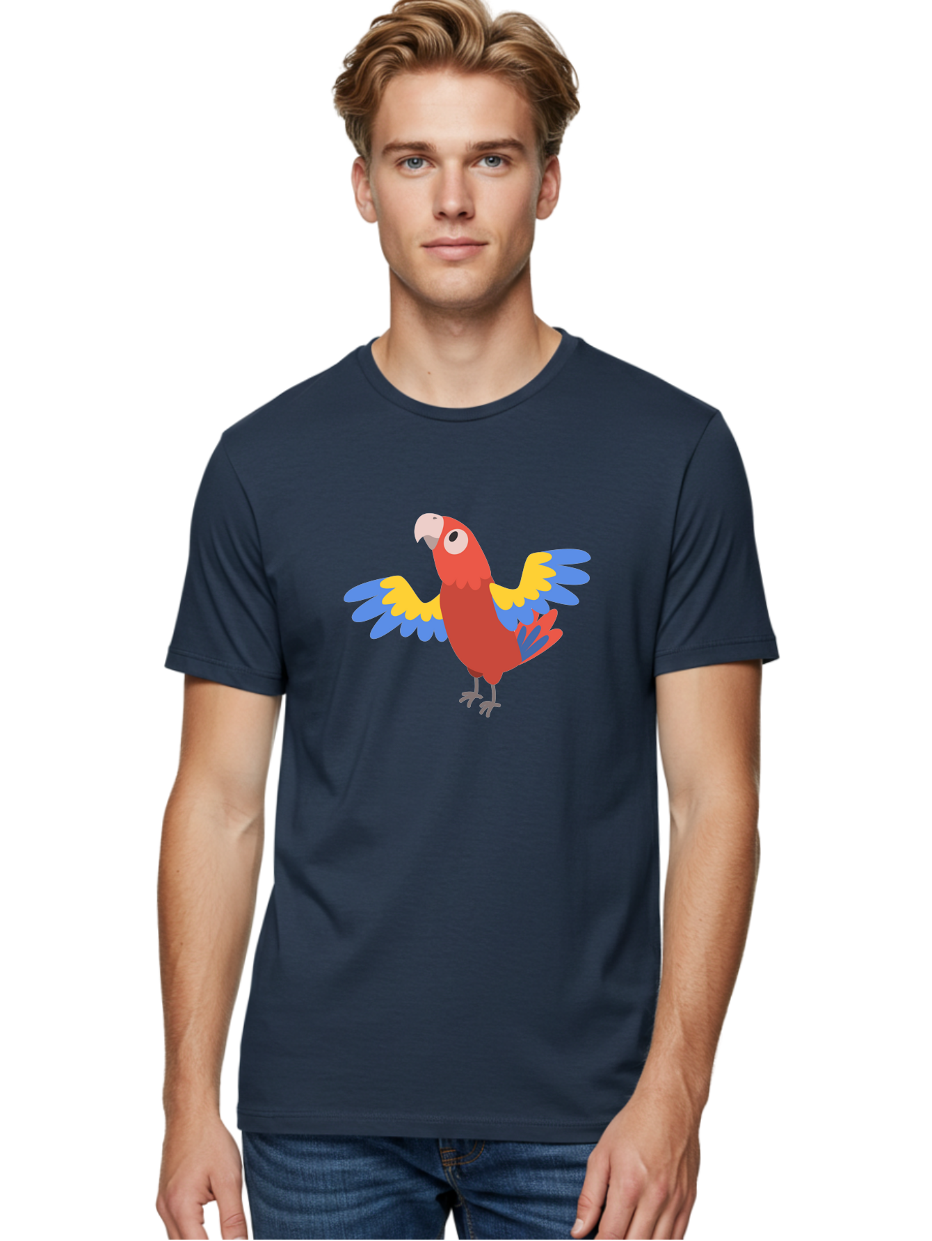Red-Parrot-3 Men'S Graphic Tee, 100% Cotton, Comfortable Casual Summer Wear, Machine Washable, Vibrant Red Parrot, Colorful Bird, Blue And Yellow Wings, Cartoon Illustration, Playful Parrot, Tropical Bird, Animal Art, Red Feathers, Aab879