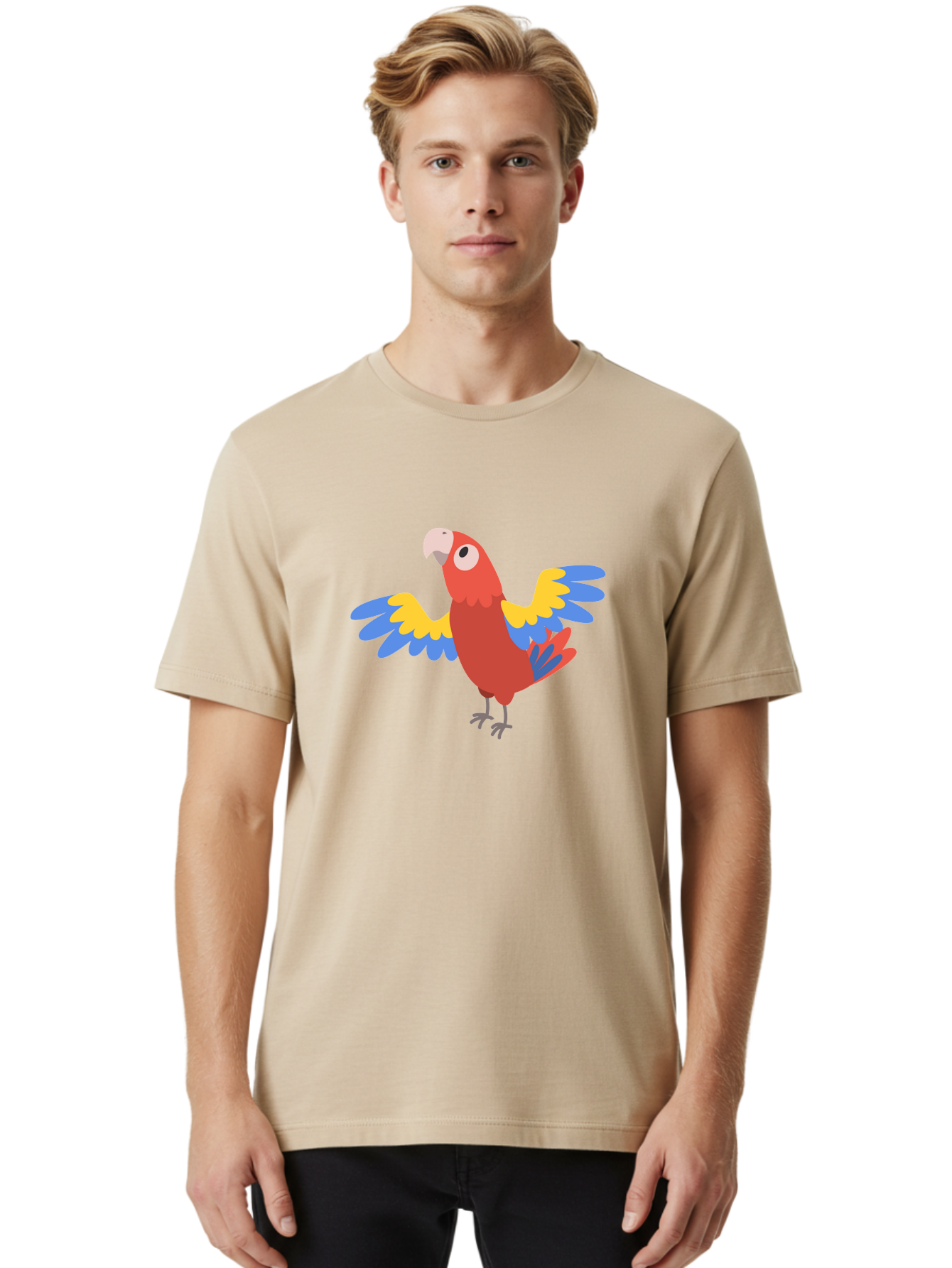 Red-Parrot-3 Men'S Graphic Tee, 100% Cotton, Comfortable Casual Summer Wear, Machine Washable, Vibrant Red Parrot, Colorful Bird, Blue And Yellow Wings, Cartoon Illustration, Playful Parrot, Tropical Bird, Animal Art, Red Feathers, Aab879