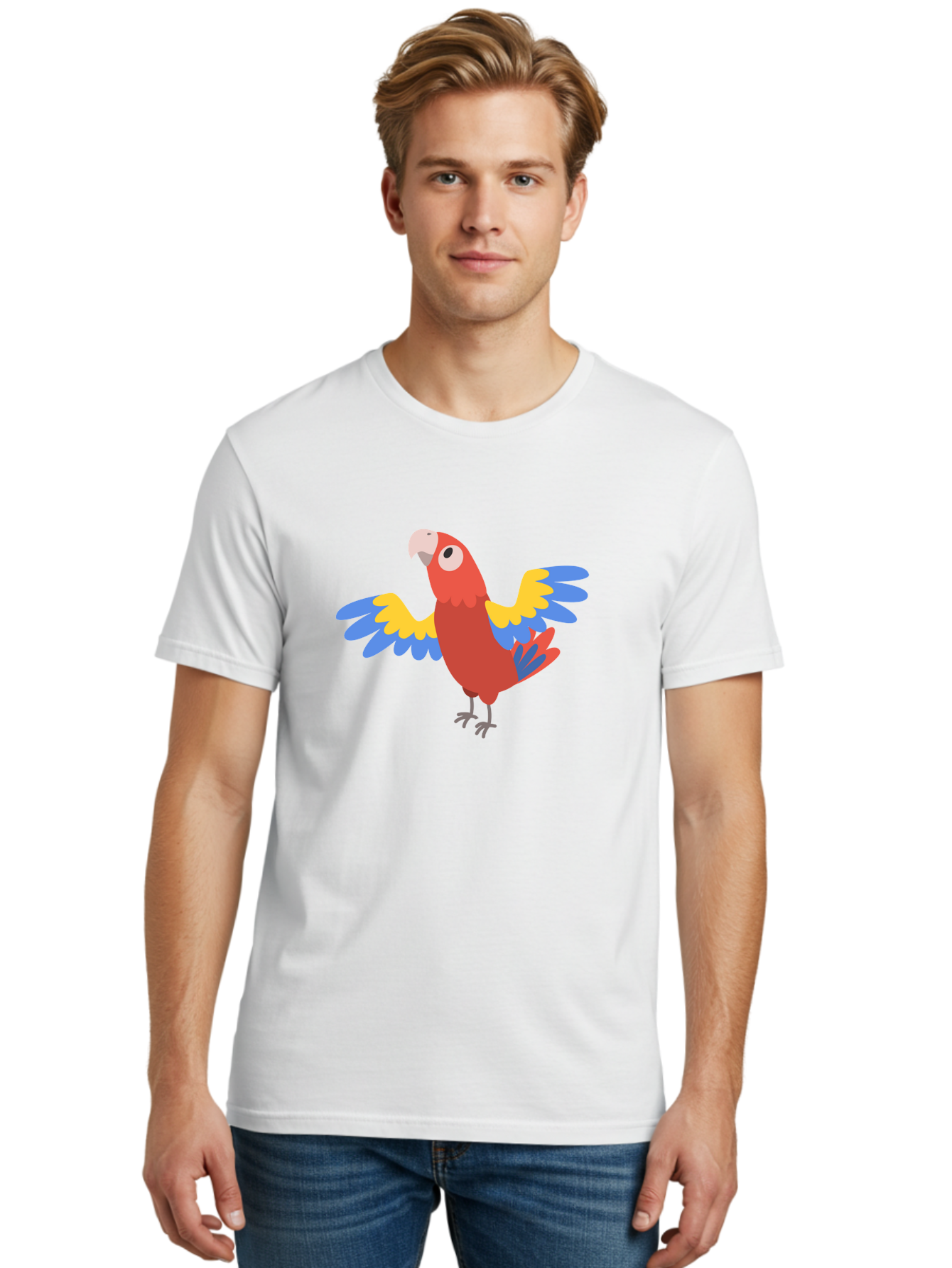 Red-Parrot-3 Men'S Graphic Tee, 100% Cotton, Comfortable Casual Summer Wear, Machine Washable, Vibrant Red Parrot, Colorful Bird, Blue And Yellow Wings, Cartoon Illustration, Playful Parrot, Tropical Bird, Animal Art, Red Feathers, Aab879
