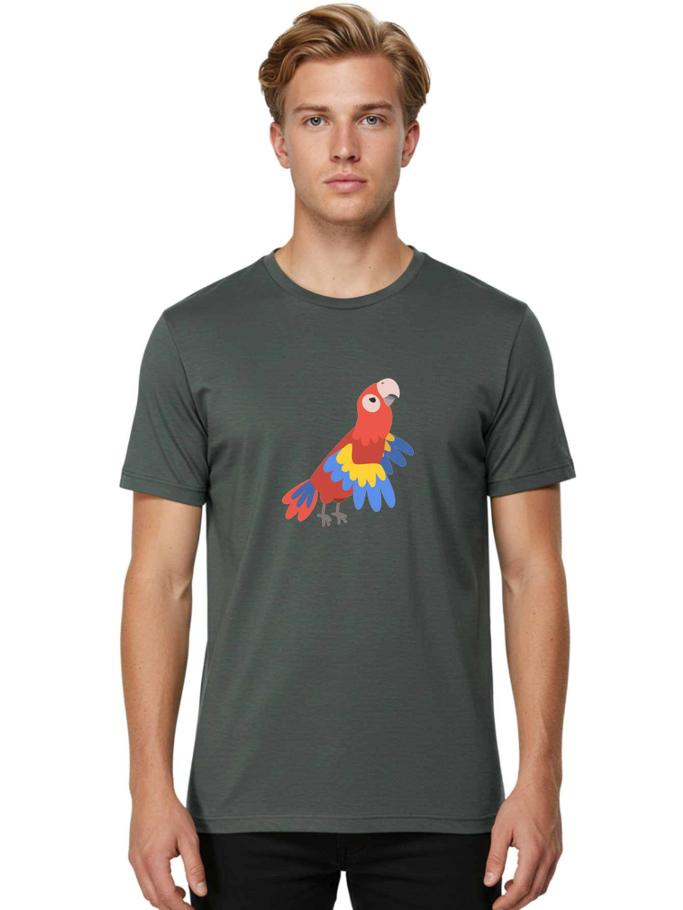Red-Parrot-4 Men'S Graphic Tee, 100% Cotton, Comfortable Casual Summer Wear, Machine Washable, Colorful Parrot, Vibrant Red, Blue And Yellow Feathers, Cartoon Bird, Tropical Wildlife, Exotic Pet, Playful Creature, Fun Illustration Aab880