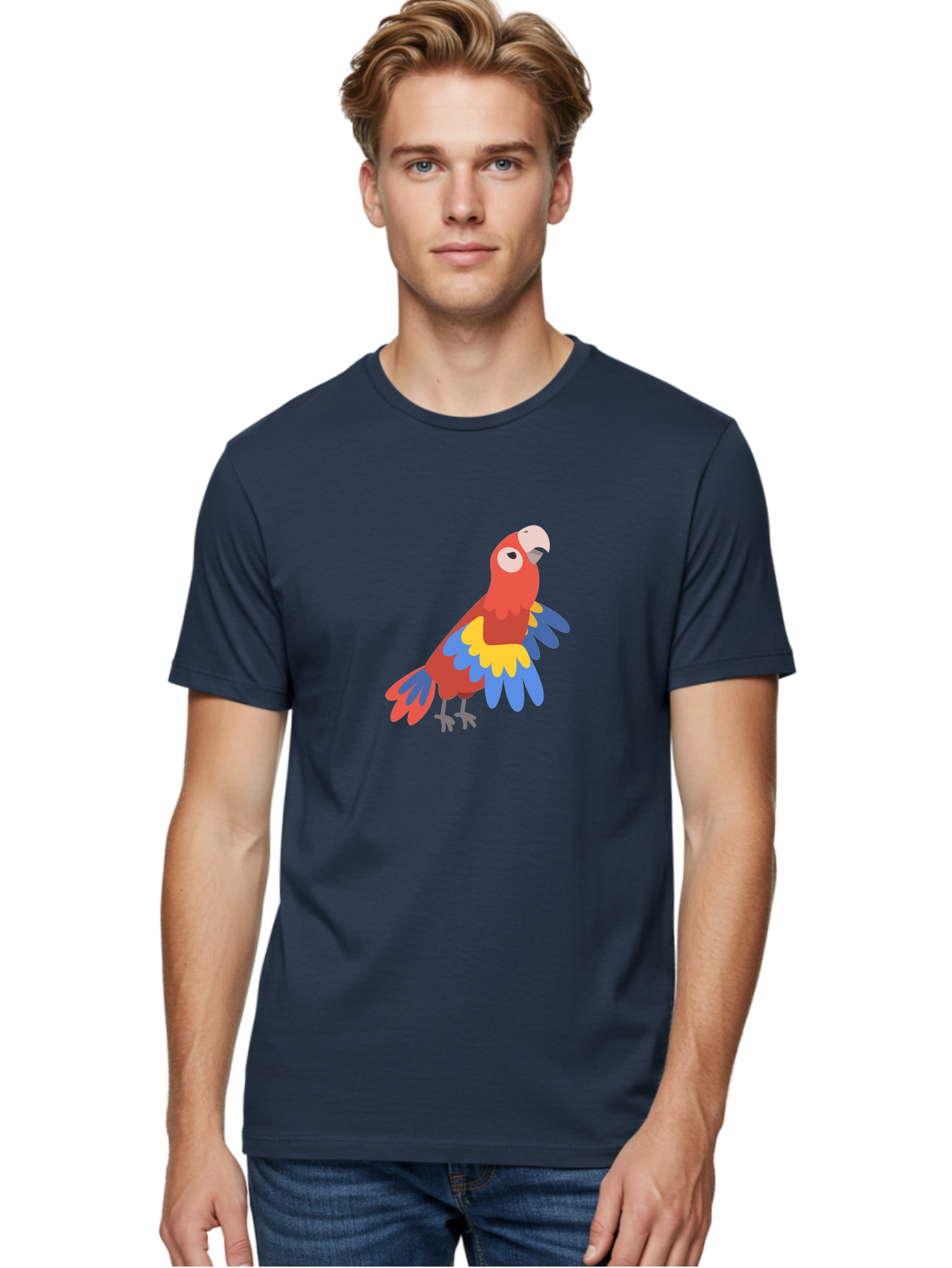 Red-Parrot-4 Men'S Graphic Tee, 100% Cotton, Comfortable Casual Summer Wear, Machine Washable, Colorful Parrot, Vibrant Red, Blue And Yellow Feathers, Cartoon Bird, Tropical Wildlife, Exotic Pet, Playful Creature, Fun Illustration Aab880