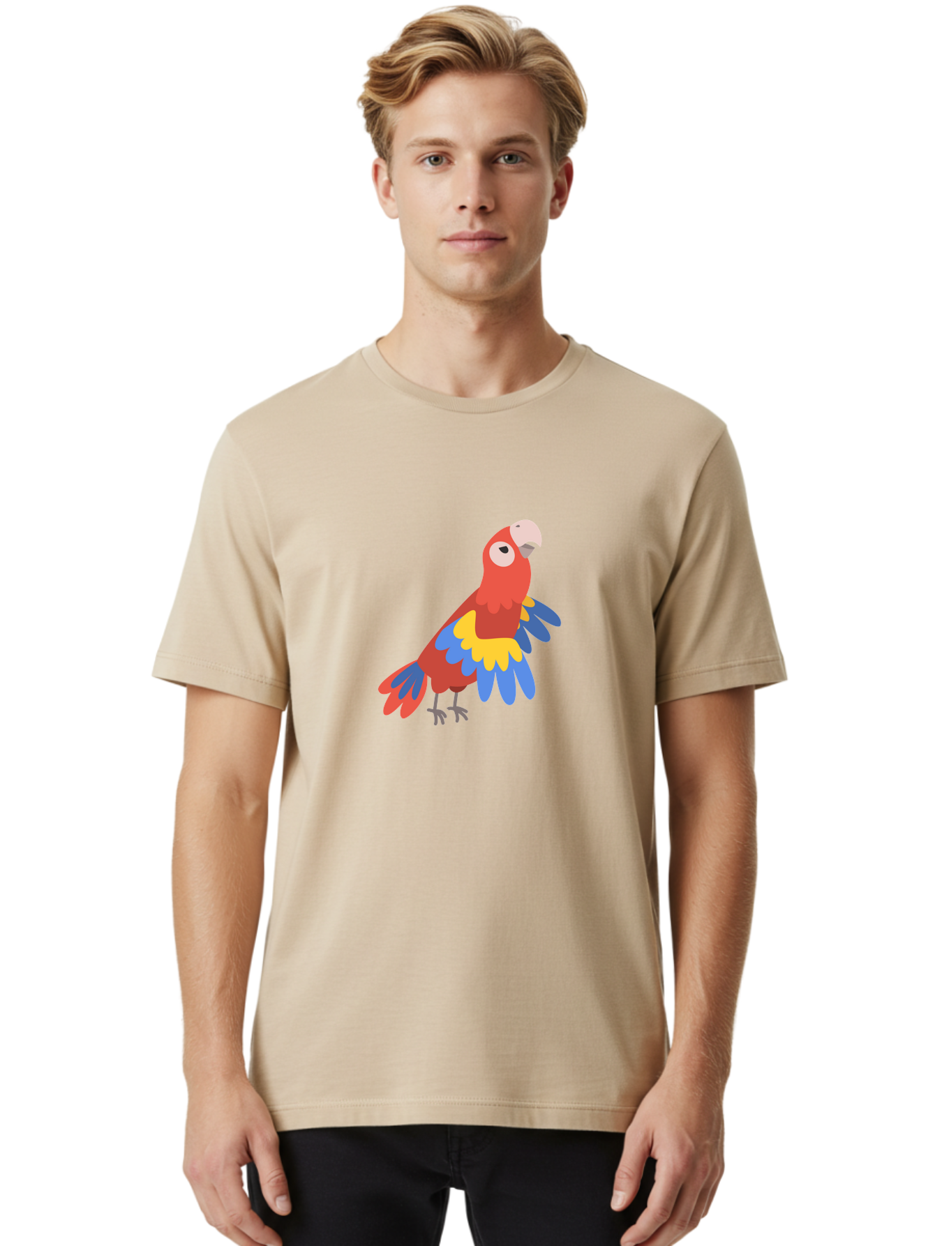 Red-Parrot-4 Men'S Graphic Tee, 100% Cotton, Comfortable Casual Summer Wear, Machine Washable, Colorful Parrot, Vibrant Red, Blue And Yellow Feathers, Cartoon Bird, Tropical Wildlife, Exotic Pet, Playful Creature, Fun Illustration Aab880