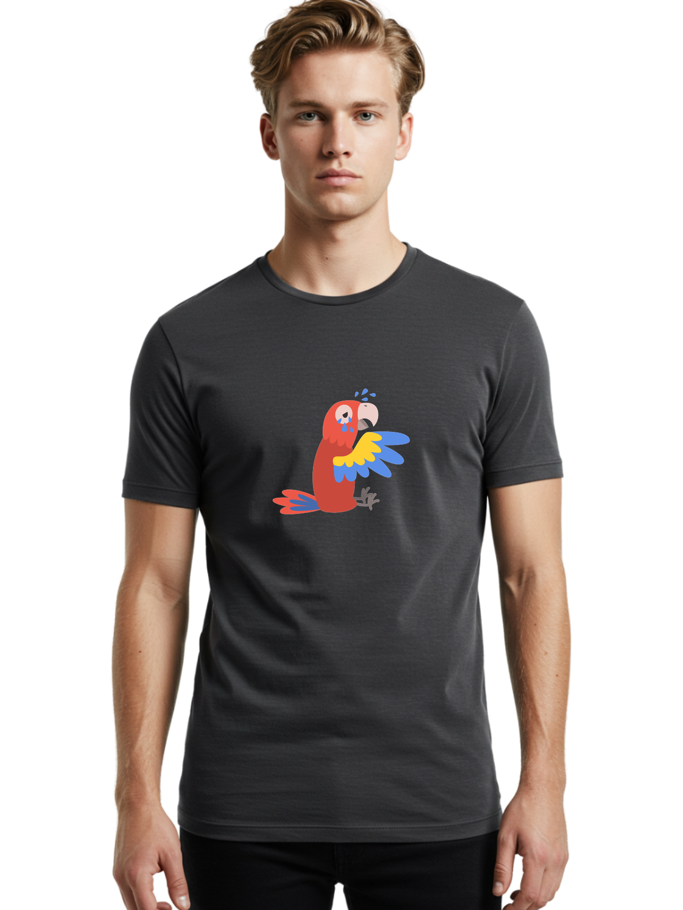 Sad-Parrot Men'S Graphic Tee, 100% Cotton, Comfortable Casual Summer Wear, Machine Washable, Sad Parrot, Cartoon Bird, Emotional Animal, Colorful Plumage, Blue Tears, Vibrant Artwork, Playful Illustration, Distressed Creature Aab882
