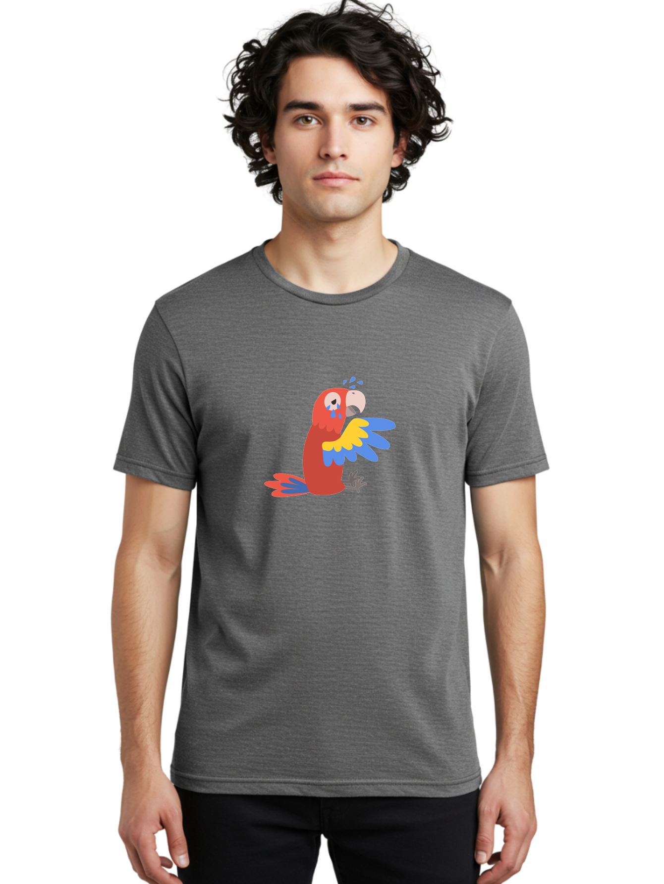 Sad-Parrot Men'S Graphic Tee, 100% Cotton, Comfortable Casual Summer Wear, Machine Washable, Sad Parrot, Cartoon Bird, Emotional Animal, Colorful Plumage, Blue Tears, Vibrant Artwork, Playful Illustration, Distressed Creature Aab882