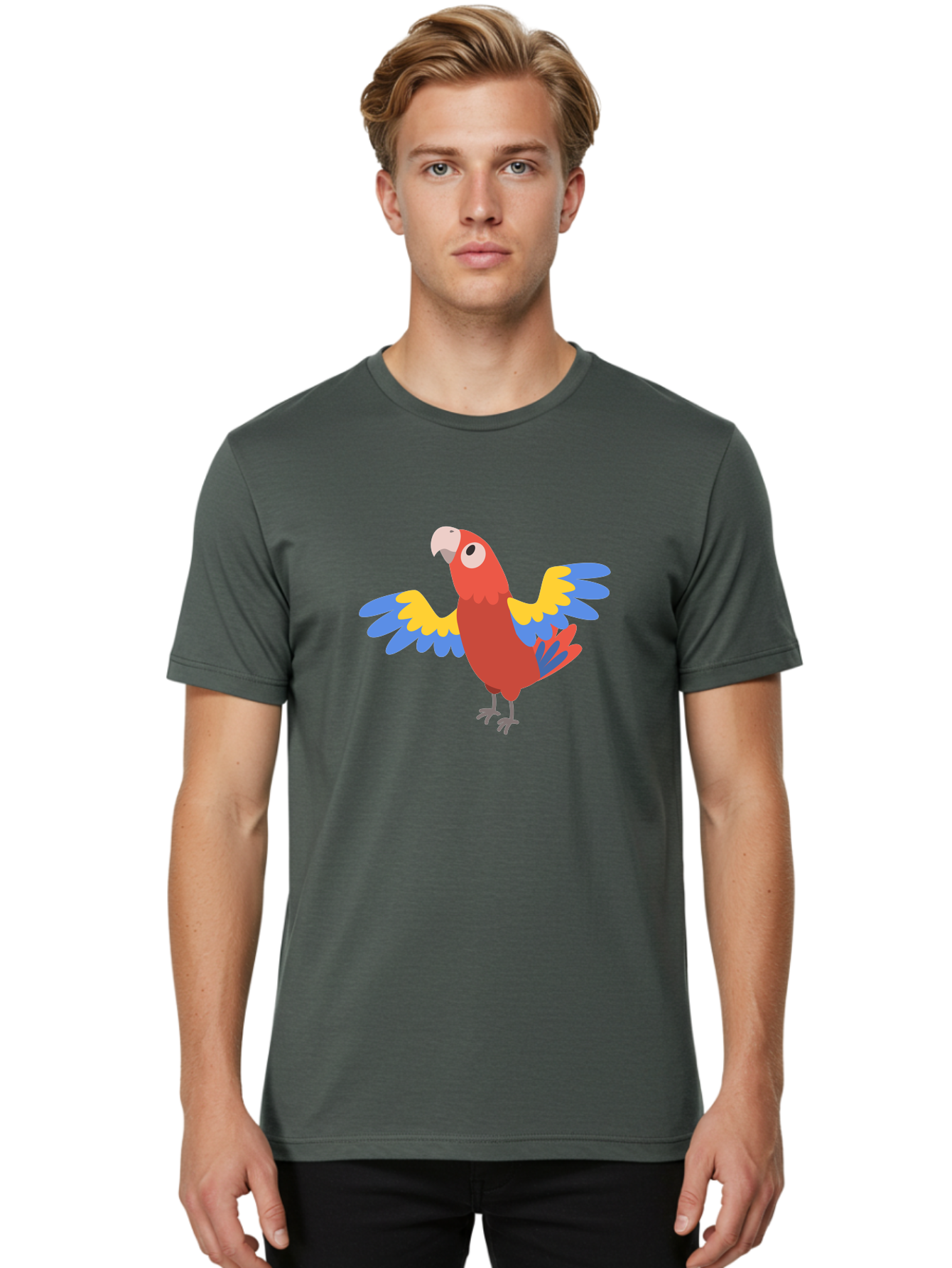 Scarlet-Macaw Men'S Graphic Tee, 100% Cotton, Comfortable Casual Summer Wear, Machine Washable, Colorful Parrot, Vibrant Red Body, Blue And Yellow Wings, Cartoon-Style Illustration, Tropical Bird, Playful, Parrot Species, Exotic Plumage, Aab883