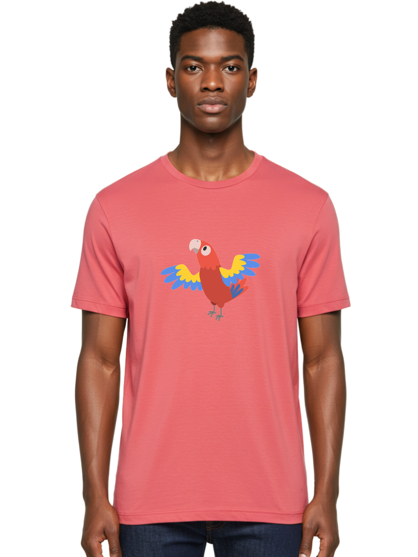 Scarlet-Macaw Men'S Graphic Tee, 100% Cotton, Comfortable Casual Summer Wear, Machine Washable, Colorful Parrot, Vibrant Red Body, Blue And Yellow Wings, Cartoon-Style Illustration, Tropical Bird, Playful, Parrot Species, Exotic Plumage, Aab883