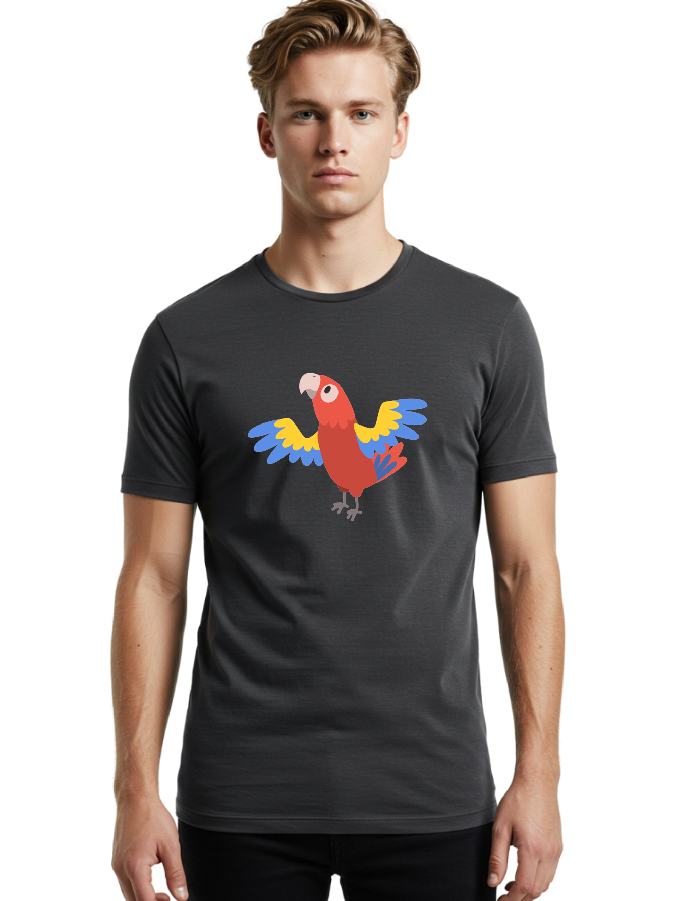 Scarlet-Macaw Men'S Graphic Tee, 100% Cotton, Comfortable Casual Summer Wear, Machine Washable, Colorful Parrot, Vibrant Red Body, Blue And Yellow Wings, Cartoon-Style Illustration, Tropical Bird, Playful, Parrot Species, Exotic Plumage, Aab883