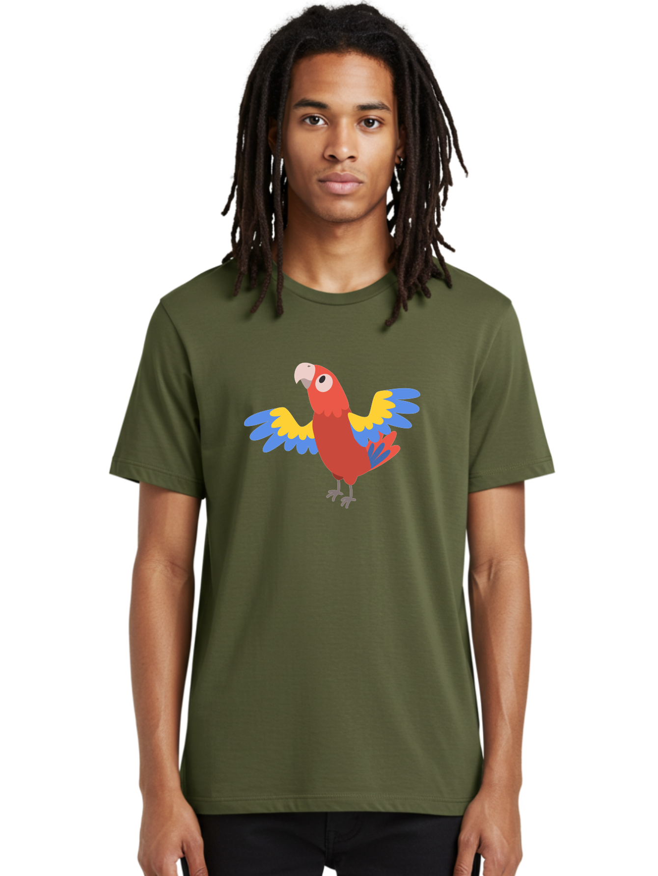 Scarlet-Macaw Men'S Graphic Tee, 100% Cotton, Comfortable Casual Summer Wear, Machine Washable, Colorful Parrot, Vibrant Red Body, Blue And Yellow Wings, Cartoon-Style Illustration, Tropical Bird, Playful, Parrot Species, Exotic Plumage, Aab883