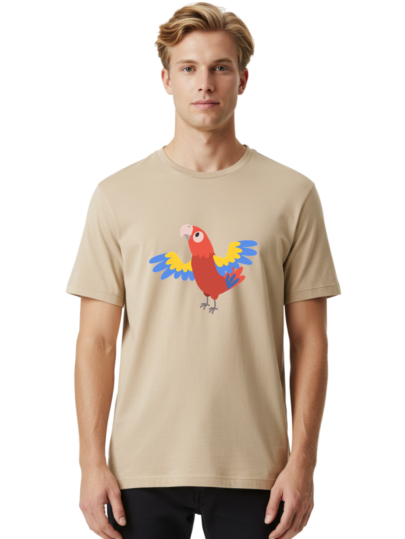 Scarlet-Macaw Men'S Graphic Tee, 100% Cotton, Comfortable Casual Summer Wear, Machine Washable, Colorful Parrot, Vibrant Red Body, Blue And Yellow Wings, Cartoon-Style Illustration, Tropical Bird, Playful, Parrot Species, Exotic Plumage, Aab883