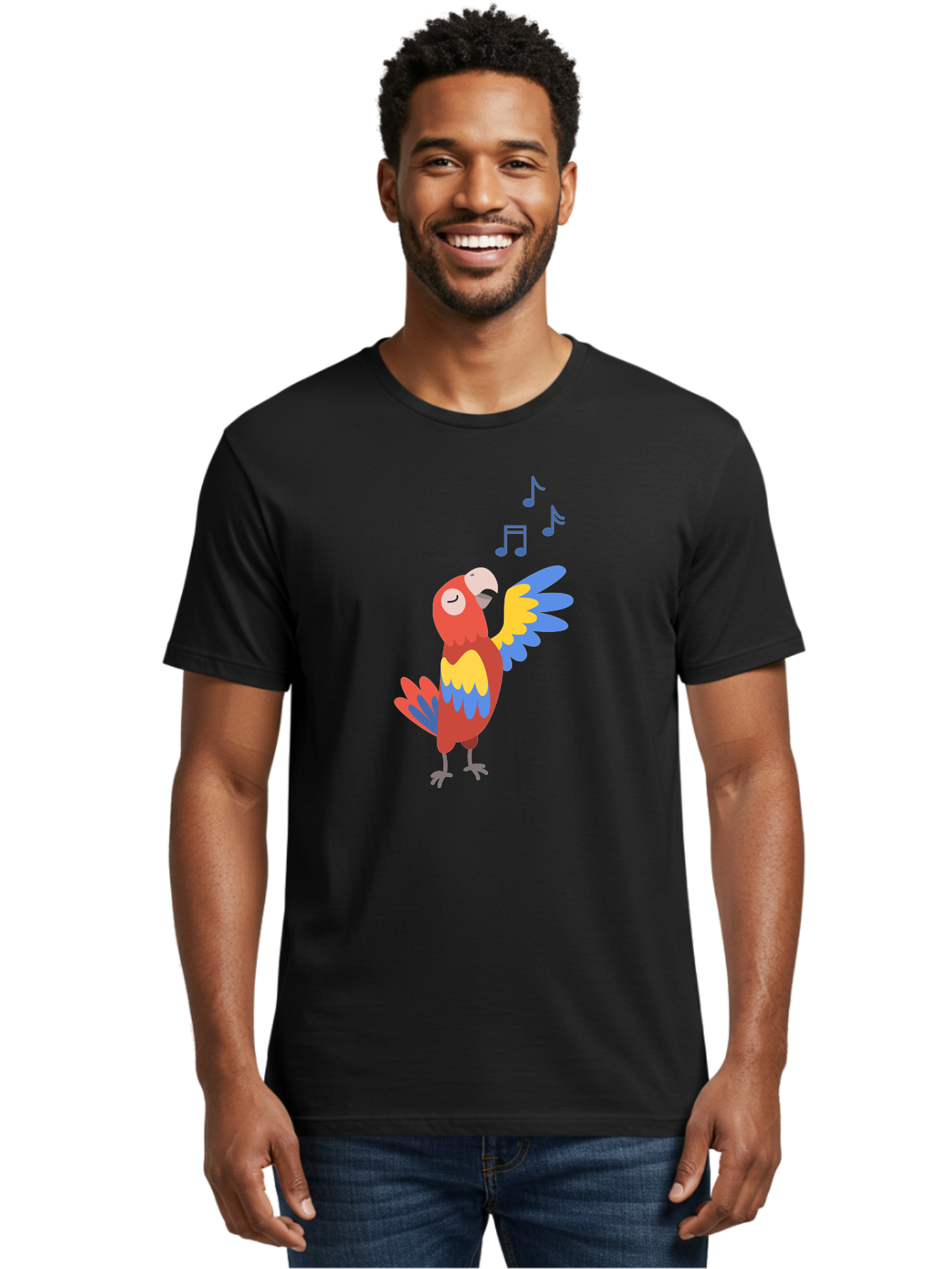 Singing-Parrot-1 Men'S Graphic Tee, 100% Cotton, Comfortable Casual Summer Wear, Machine Washable, Singing Parrot, Colorful Bird, Music Notes, Vibrant Plumage, Happy Expression, Melodic Sounds, Tropical Ambiance, Lively Atmosphere, Aab884