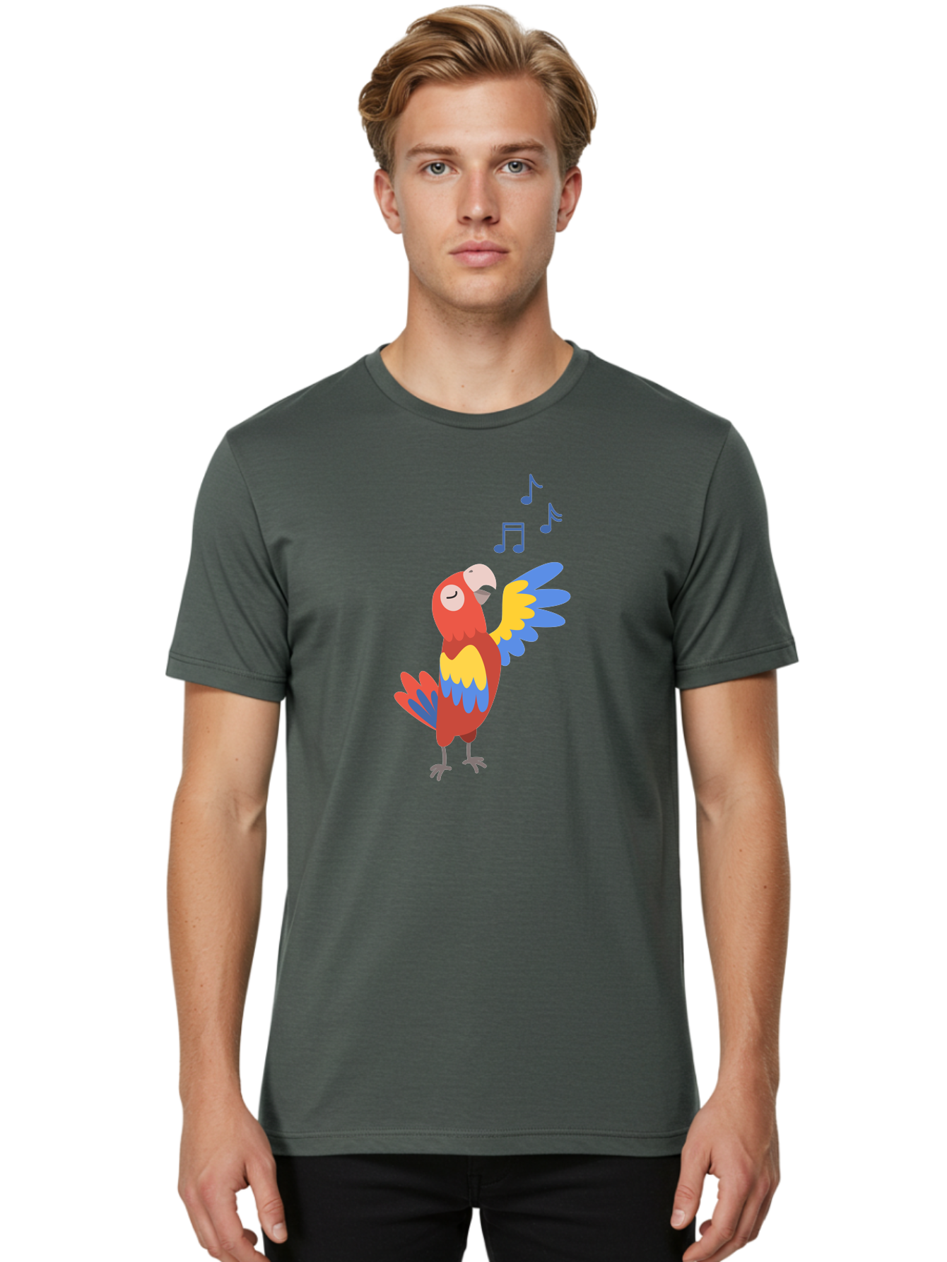 Singing-Parrot-1 Men'S Graphic Tee, 100% Cotton, Comfortable Casual Summer Wear, Machine Washable, Singing Parrot, Colorful Bird, Music Notes, Vibrant Plumage, Happy Expression, Melodic Sounds, Tropical Ambiance, Lively Atmosphere, Aab884