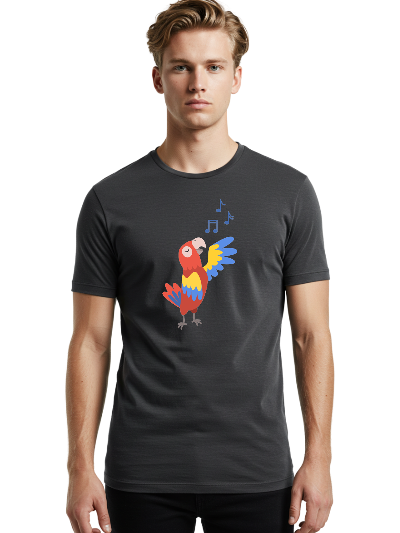 Singing-Parrot-1 Men'S Graphic Tee, 100% Cotton, Comfortable Casual Summer Wear, Machine Washable, Singing Parrot, Colorful Bird, Music Notes, Vibrant Plumage, Happy Expression, Melodic Sounds, Tropical Ambiance, Lively Atmosphere, Aab884