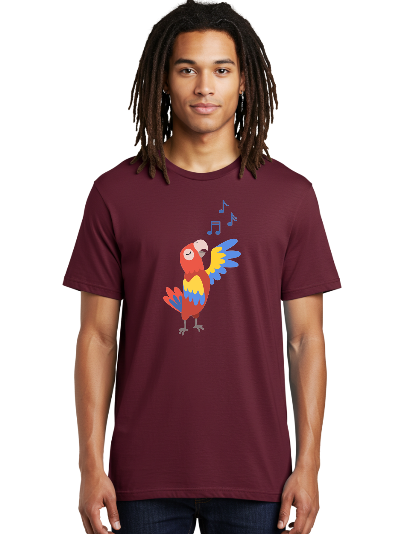 Singing-Parrot-1 Men'S Graphic Tee, 100% Cotton, Comfortable Casual Summer Wear, Machine Washable, Singing Parrot, Colorful Bird, Music Notes, Vibrant Plumage, Happy Expression, Melodic Sounds, Tropical Ambiance, Lively Atmosphere, Aab884