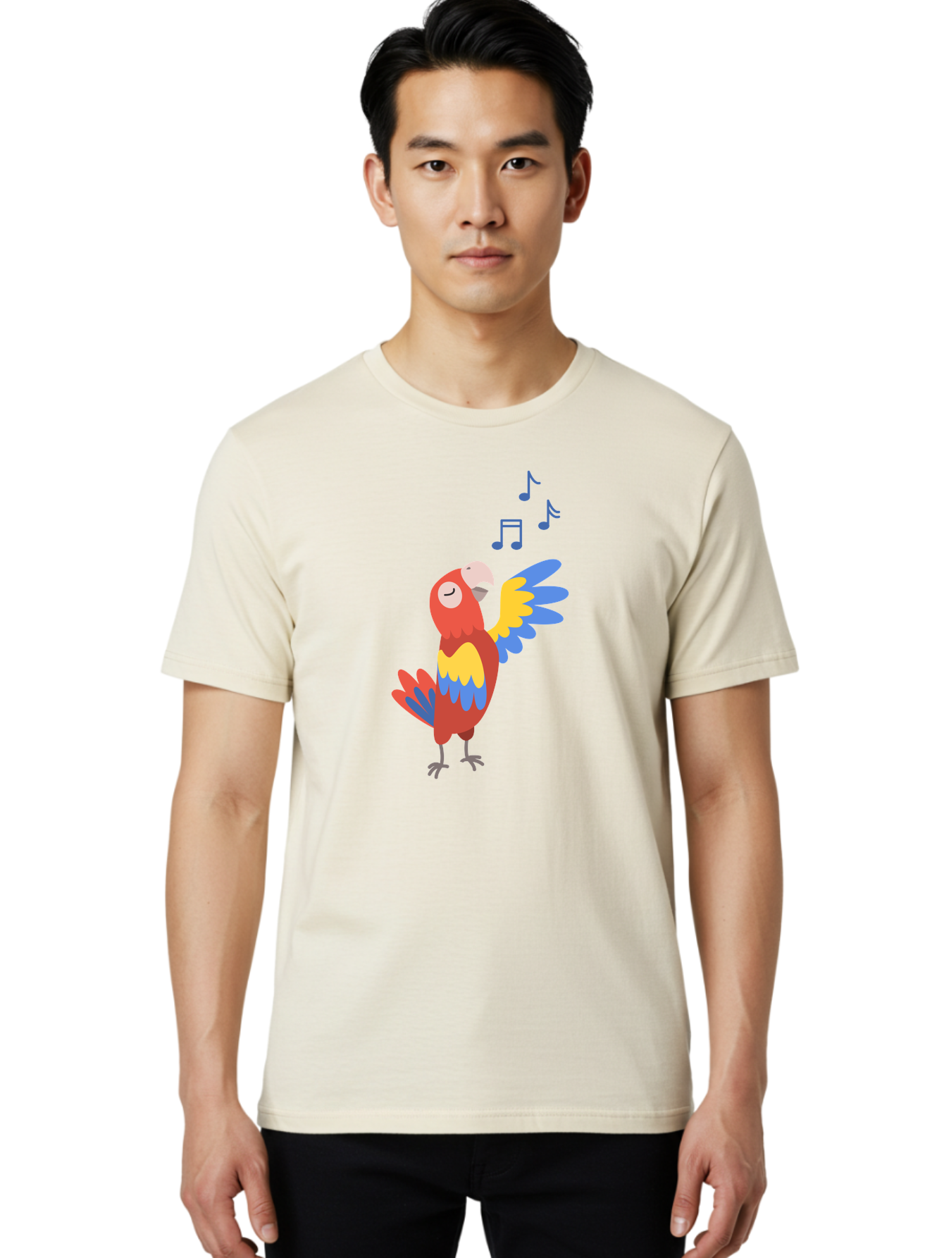 Singing-Parrot-1 Men'S Graphic Tee, 100% Cotton, Comfortable Casual Summer Wear, Machine Washable, Singing Parrot, Colorful Bird, Music Notes, Vibrant Plumage, Happy Expression, Melodic Sounds, Tropical Ambiance, Lively Atmosphere, Aab884