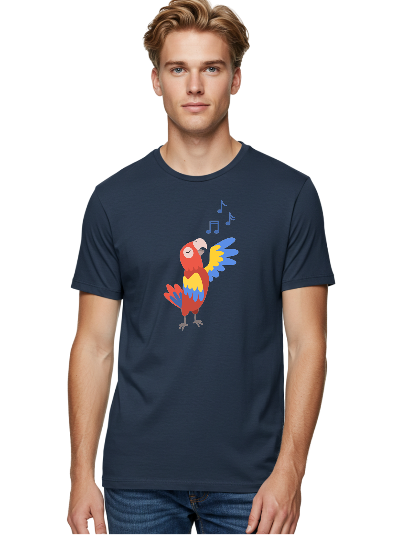 Singing-Parrot-1 Men'S Graphic Tee, 100% Cotton, Comfortable Casual Summer Wear, Machine Washable, Singing Parrot, Colorful Bird, Music Notes, Vibrant Plumage, Happy Expression, Melodic Sounds, Tropical Ambiance, Lively Atmosphere, Aab884