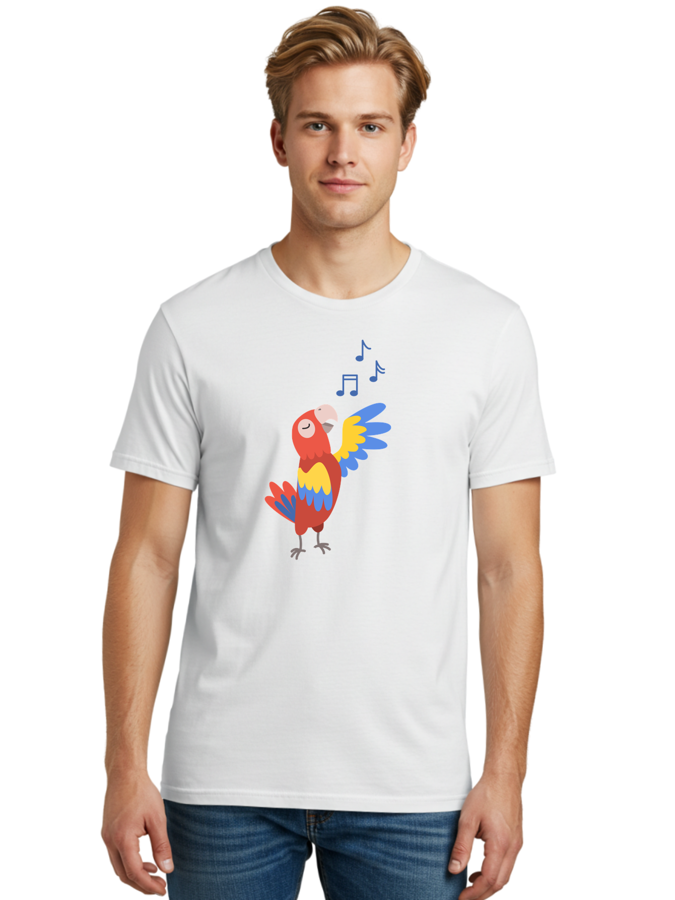 Singing-Parrot-1 Men'S Graphic Tee, 100% Cotton, Comfortable Casual Summer Wear, Machine Washable, Singing Parrot, Colorful Bird, Music Notes, Vibrant Plumage, Happy Expression, Melodic Sounds, Tropical Ambiance, Lively Atmosphere, Aab884