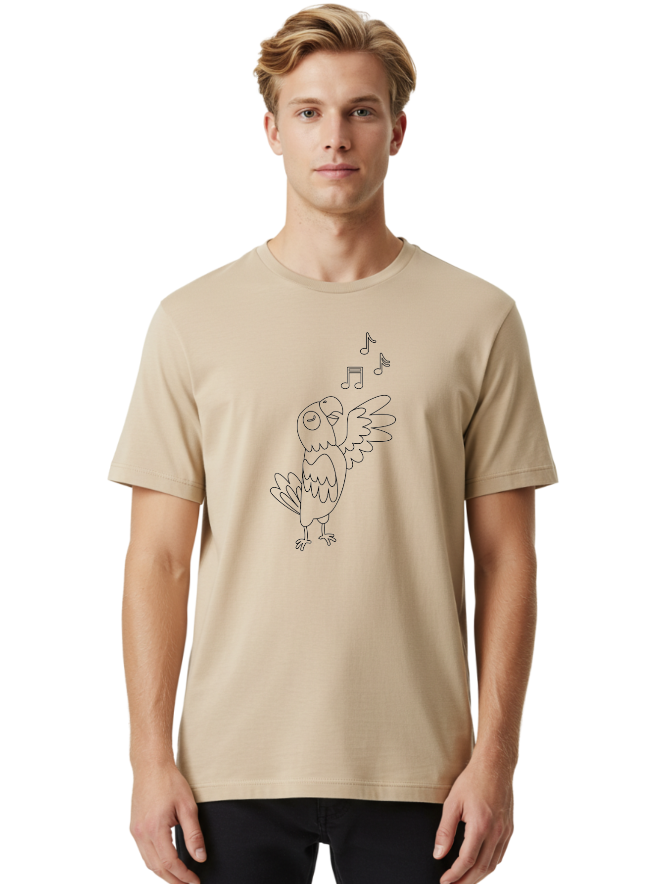 Singing-Parrot-2 Men'S Graphic Tee, 100% Cotton, Comfortable Casual Summer Wear, Machine Washable, Parrot Singing, Bird Song, Musical Notes, Cartoon Parrot, Bird Illustration, Singing Bird, Melody, Music, Parrot Illustration, Funny Parrot, Aab885
