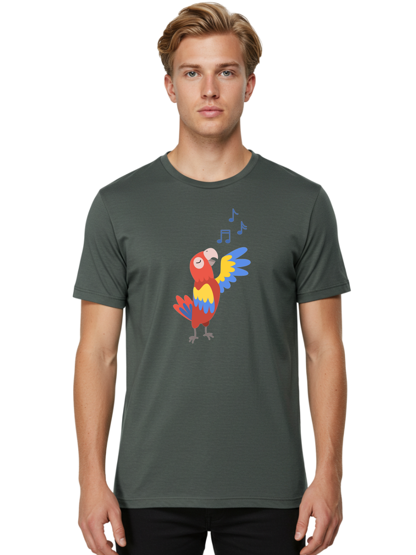 Singing-Parrot Men'S Graphic Tee, 100% Cotton, Comfortable Casual Summer Wear, Machine Washable, Colorful Parrot, Singing Bird, Vibrant Plumage, Tropical Bird, Happy Atmosphere, Melodic Sounds, Bird Song, Joyful Creature Aab887