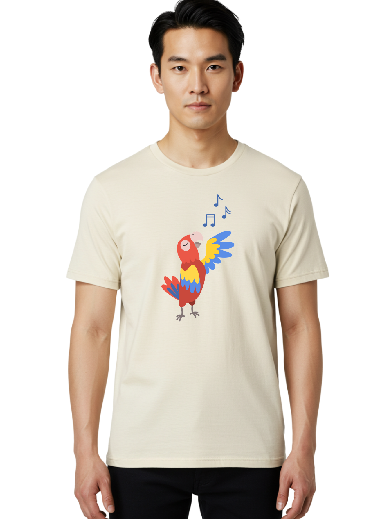 Singing-Parrot Men'S Graphic Tee, 100% Cotton, Comfortable Casual Summer Wear, Machine Washable, Colorful Parrot, Singing Bird, Vibrant Plumage, Tropical Bird, Happy Atmosphere, Melodic Sounds, Bird Song, Joyful Creature Aab887