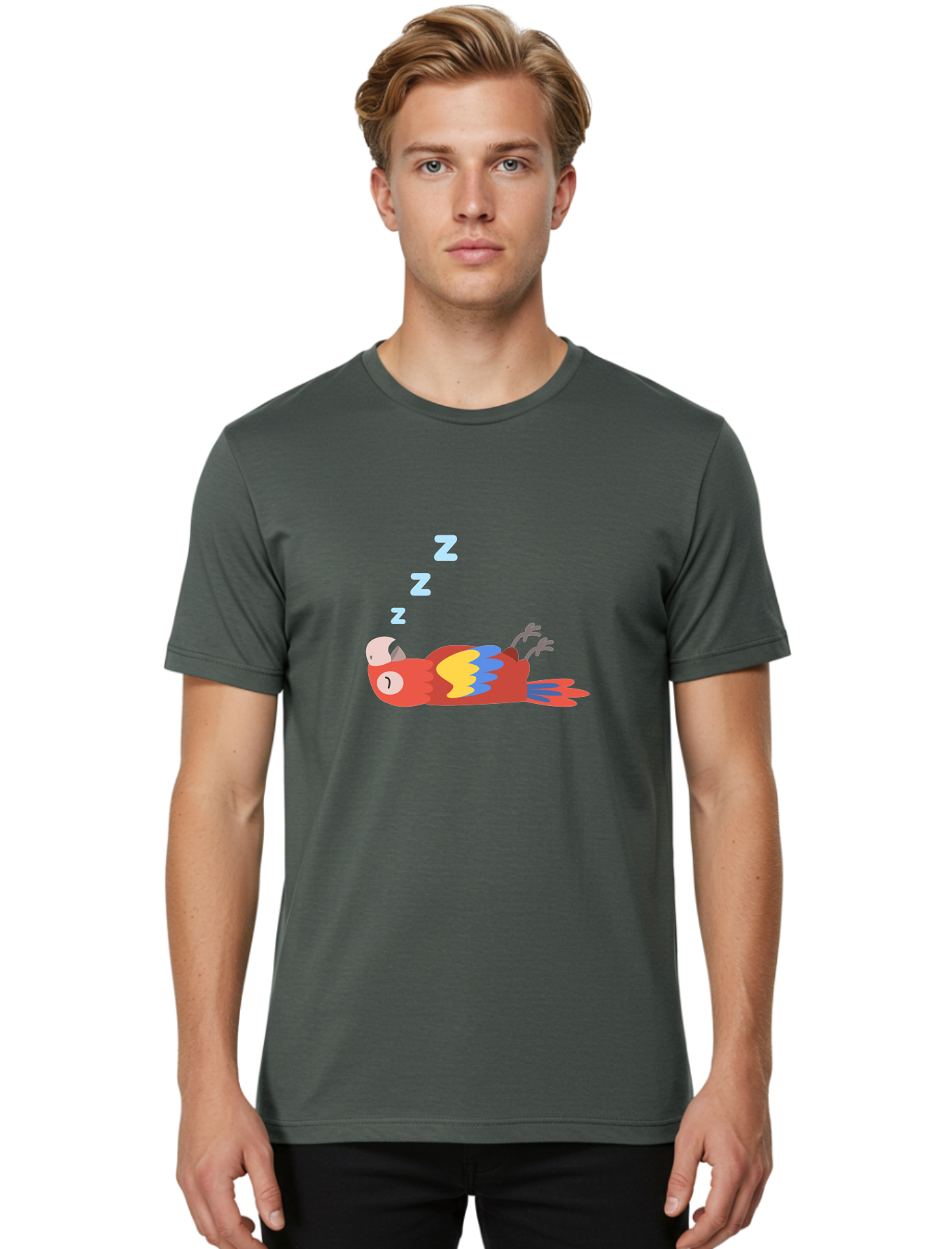 Sleeping-Parrot-1 Men'S Graphic Tee, 100% Cotton, Comfortable Casual Summer Wear, Machine Washable, Sleeping Parrot, Cartoon Bird, Colorful Plumage, Relaxed Atmosphere, Snoozing Animal, Zzz, Dreamy Expression, Vibrant Feathers, Tropical Bird Aab888