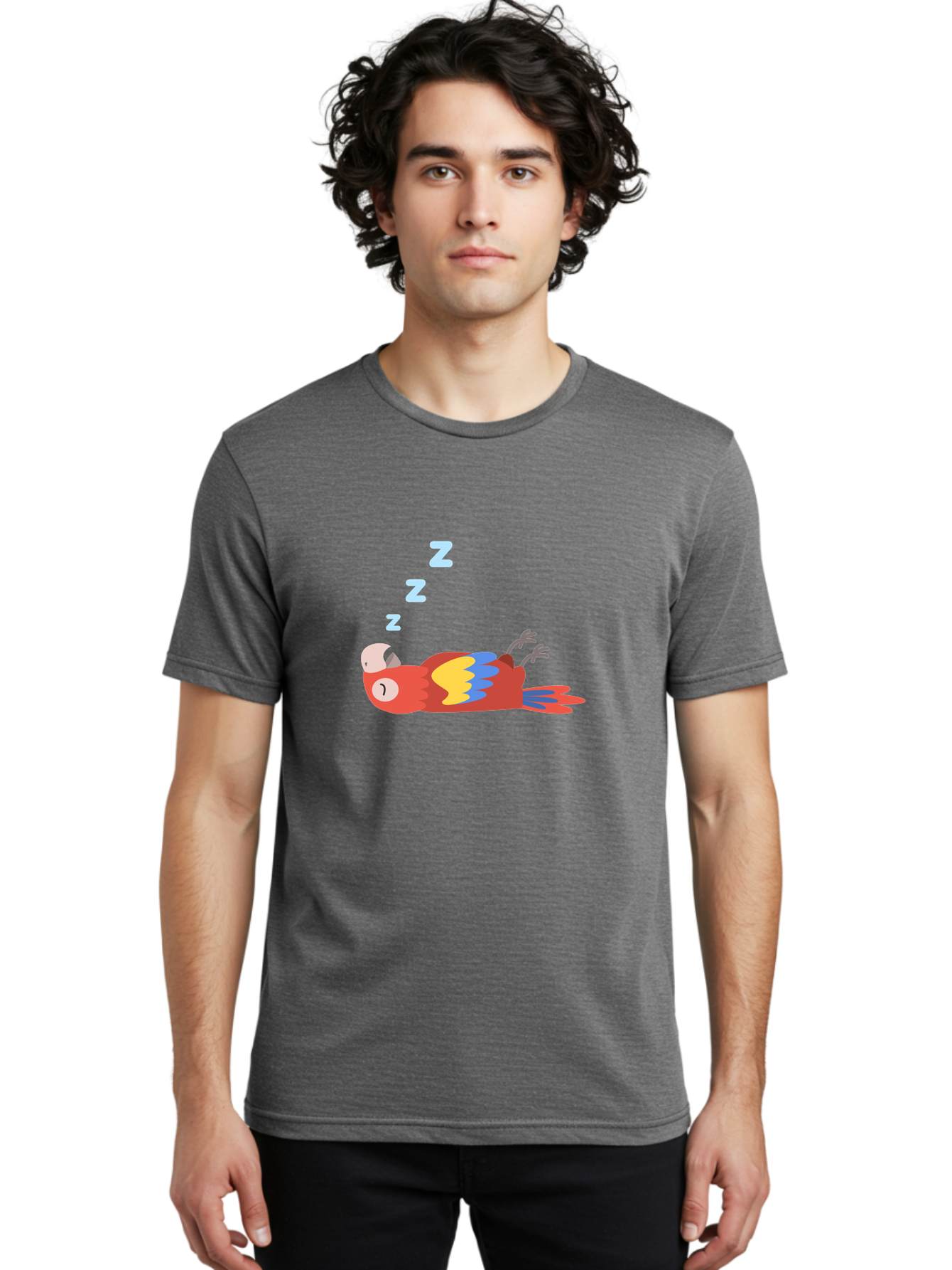 Sleeping-Parrot-1 Men'S Graphic Tee, 100% Cotton, Comfortable Casual Summer Wear, Machine Washable, Sleeping Parrot, Cartoon Bird, Colorful Plumage, Relaxed Atmosphere, Snoozing Animal, Zzz, Dreamy Expression, Vibrant Feathers, Tropical Bird Aab888