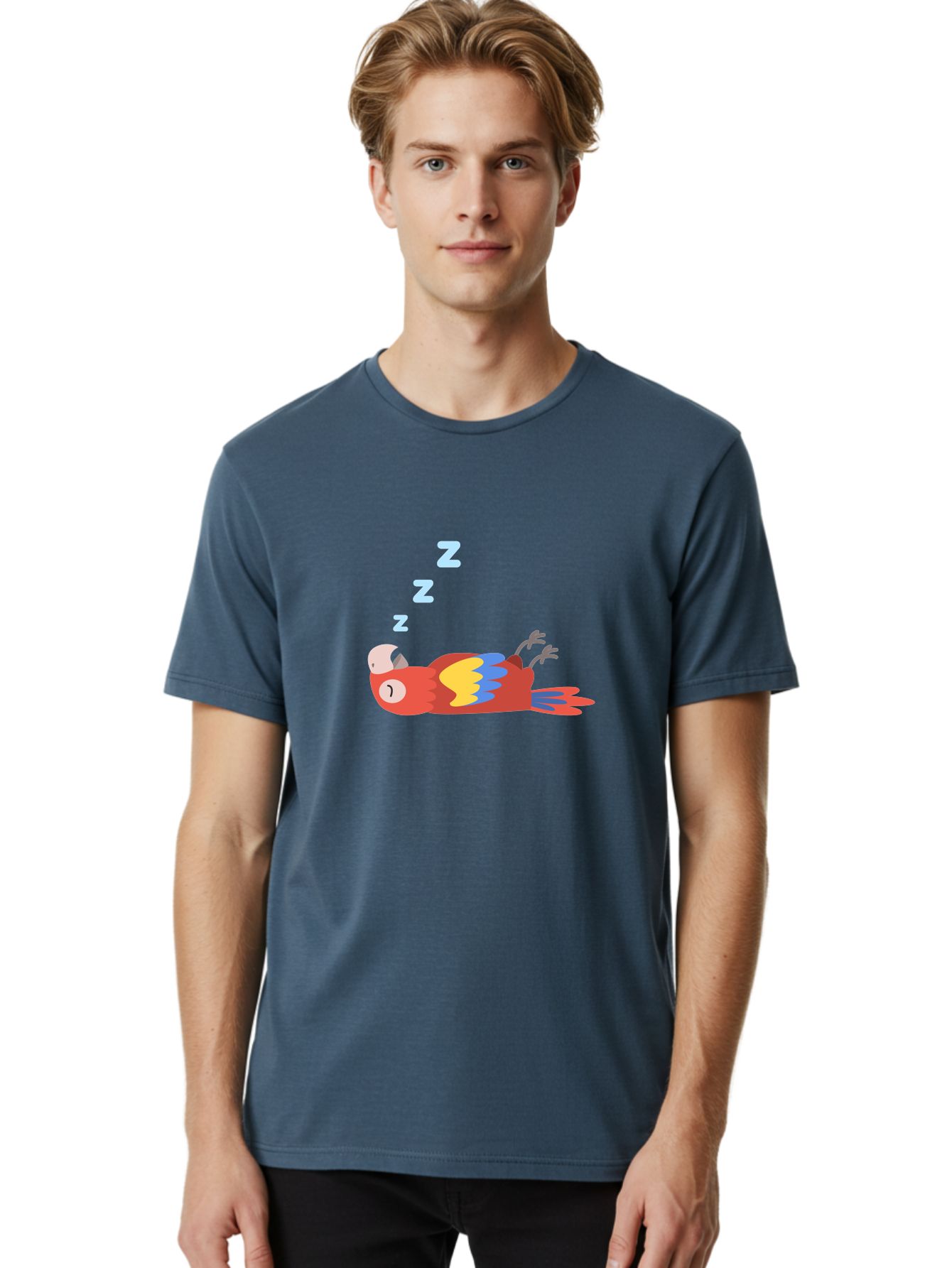 Sleeping-Parrot-1 Men'S Graphic Tee, 100% Cotton, Comfortable Casual Summer Wear, Machine Washable, Sleeping Parrot, Cartoon Bird, Colorful Plumage, Relaxed Atmosphere, Snoozing Animal, Zzz, Dreamy Expression, Vibrant Feathers, Tropical Bird Aab888